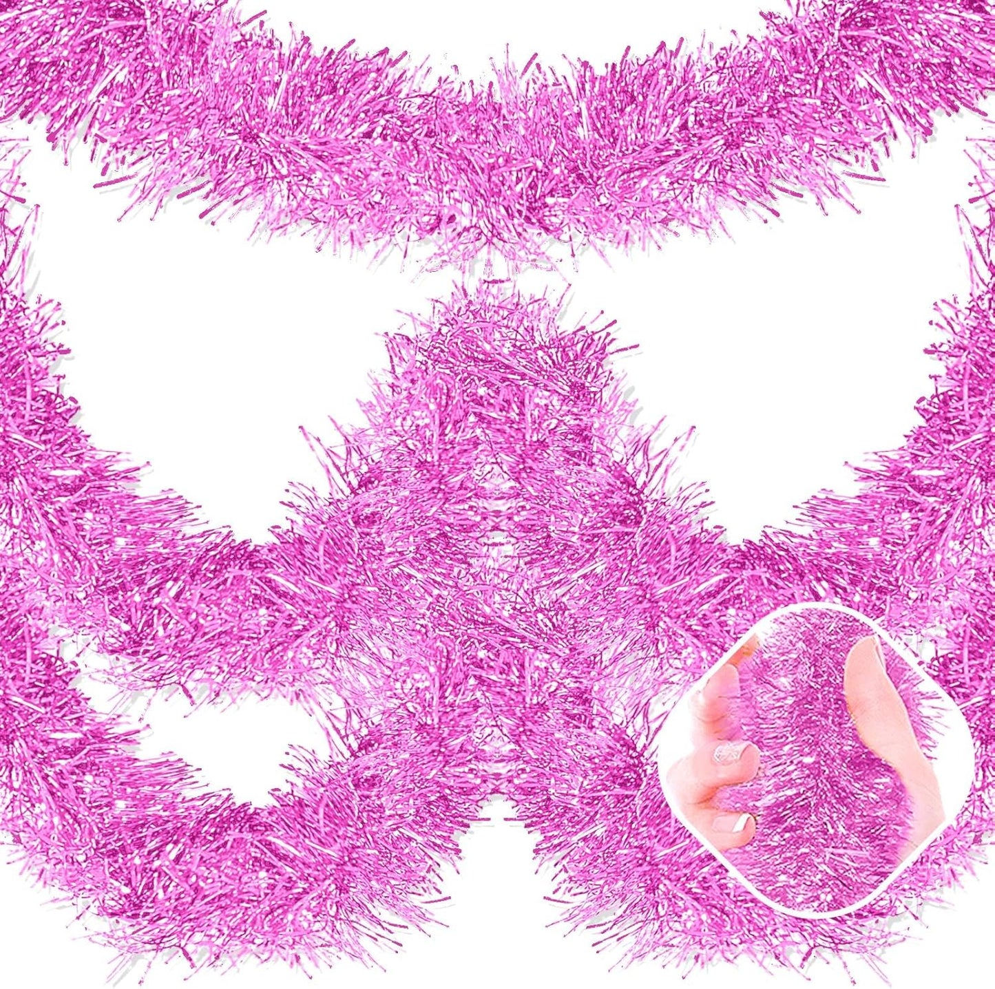 50 Feet Macaron Pink Christmas Tinsel Garland, Metallic Foil Twist Garland Wall Hanging Tinsel Banner Backdrop for Parade Floats, Easter, Mother's Day, Wedding Party Decorations (2in x 50ft)
