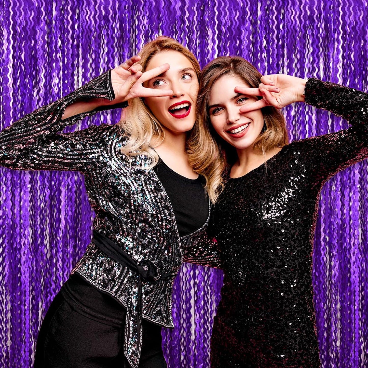 4 Pack Purple Wave Foil Fringe Curtain Backdrop, 3.28Ft x 8.2Ft Metallic Tinsel Foil Fringe Streamer Curtains for Photo Booth, Mother's Day, Easter, Birthday, Wedding Party Decoration