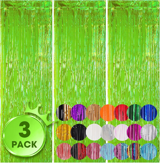 3 Pack 3.3x8.2 Feet Neon Green Foil Fringe Backdrop Curtains, Tinsel Streamers Birthday Party Decorations, Fringe Backdrop for Graduation, Baby Shower, Gender Reveal, Disco Party