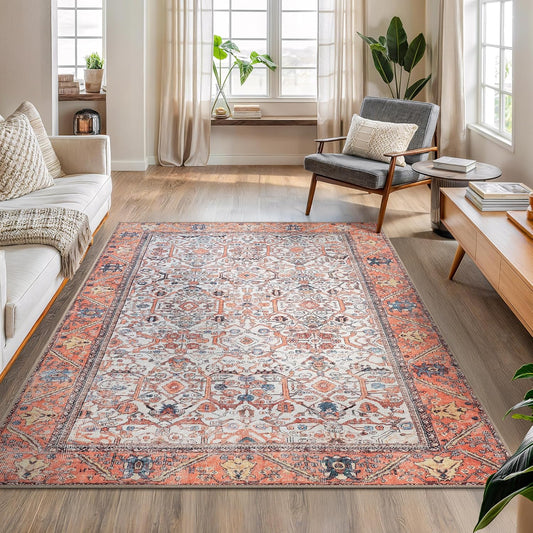 Bloom Rugs Washable Non-Slip 5' x 7' Rug - Orange Traditional Bordered Area Rug for Living Room, Bedroom, Dining Room, and Kitchen - Exact Size: 5' x 7'