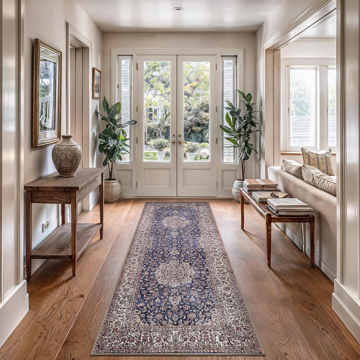 Bloom Rugs Washable Non-Slip 10 ft Runner - Dark Blue/Beige Traditional Medallion Runner for Entryway, Hallway, Bathroom, and Kitchen - Exact Size: 2.5' x 10'