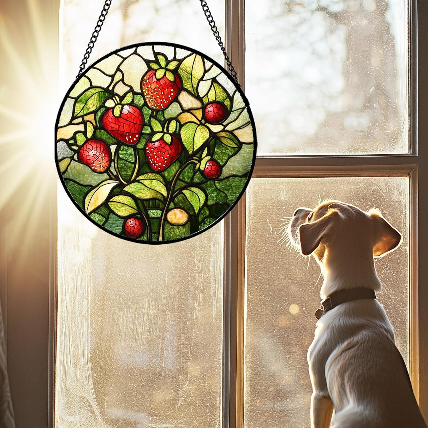 Stained Glass Window Hanging - Red Strawberry Suncatcher for Doors Window Home Green Plant Sun Catchers Decor Christmas Mother's Day Birthday Gifts for Teacher Women Men Mom Nana 9.8 in