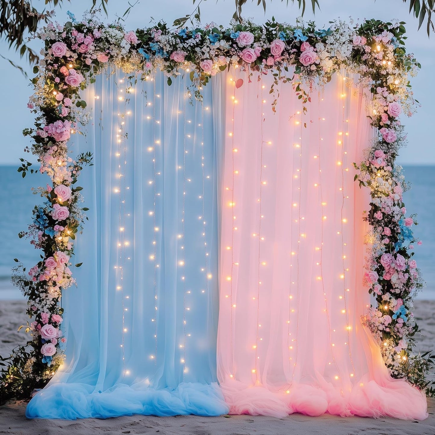 Tulle Backdrop Curtain with Lights String 10FT X 10FT Pink and Blue Sheer Tulle Backdrop Curtains for Wedding Birthday Party Reception Photo Booth Background Decorations (2 Panels 5x10FT)