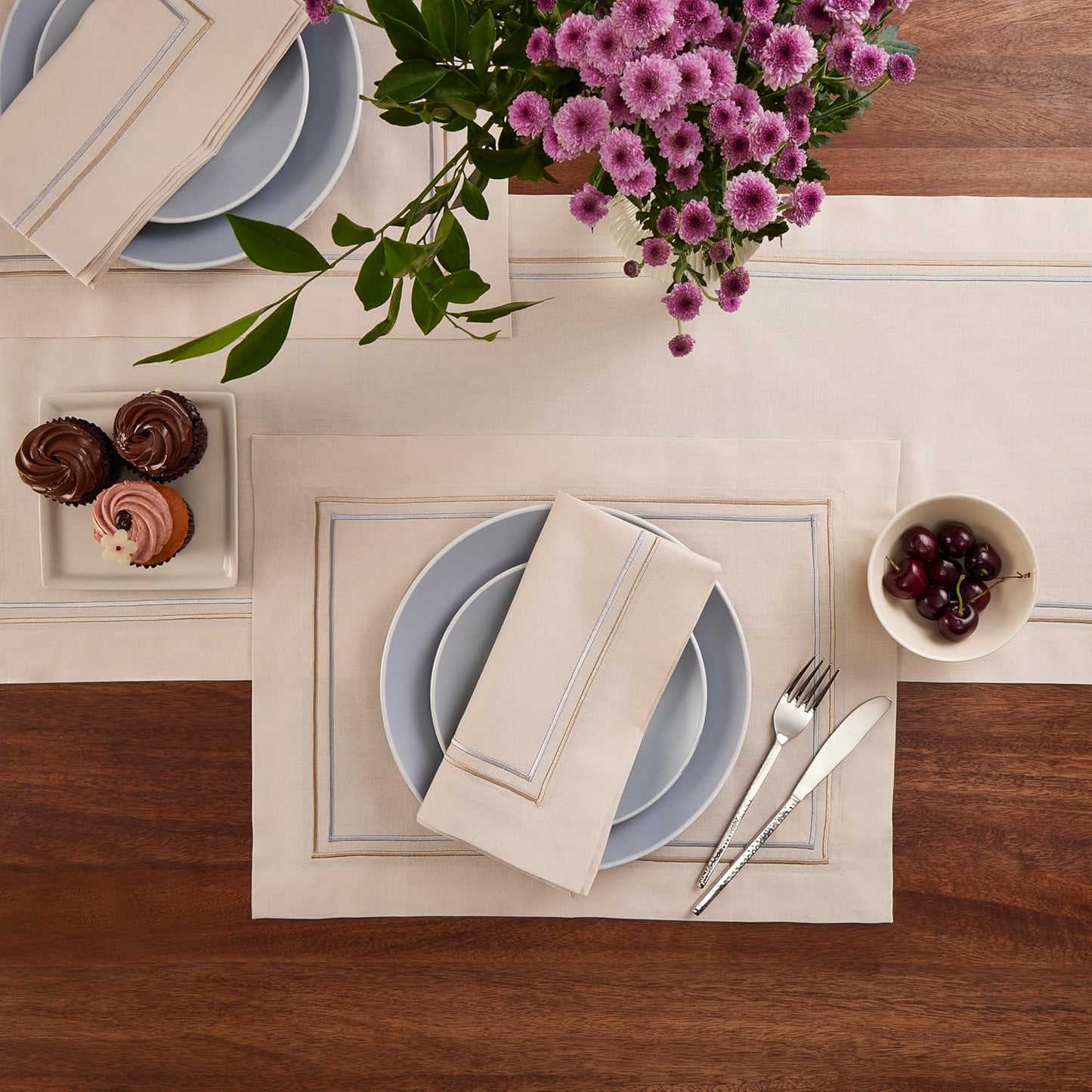 Cotton Linen Placemats Set of 4 – Summer Beige Placemats 14 x 19 Inch – Machine Washable Fabric Table Place Mats with Line Embroidery – Wedding Decoration, Gift