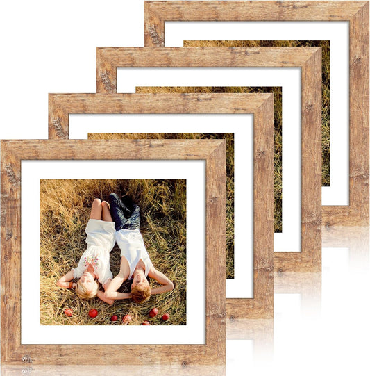 10x10 Picture Frame Set of 4 with Real Glass, Rustic Brown Frames Display 8x8 Picture with Mat or 10 x 10 Without Mat, Wooden Square Photo Frame for Wall Mount and Tabletop Display