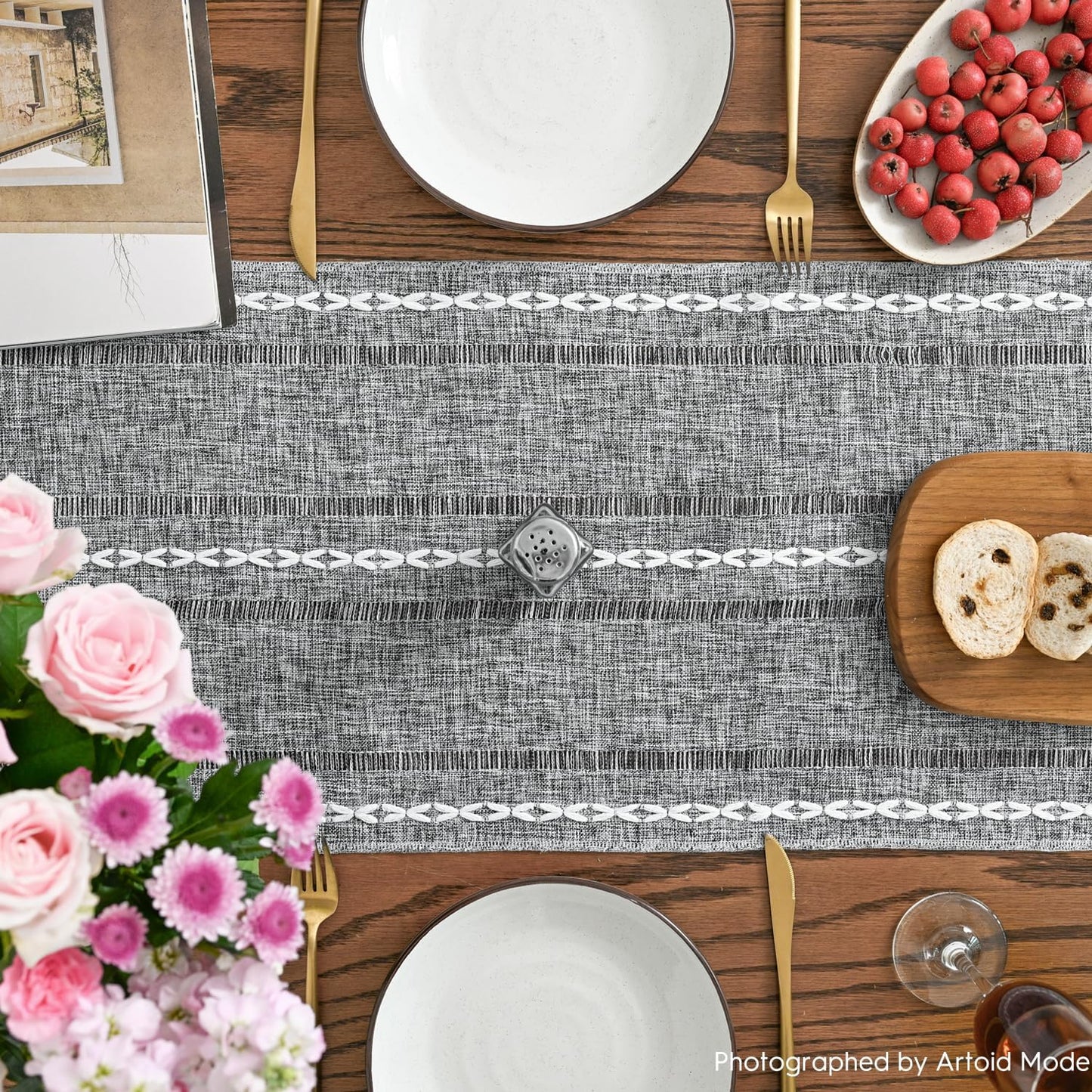 Artoid Mode Dark Grey Rustic Cotton Linen Table Runner, Seasonal Embroidered Hollow Kitchen Dining Table Decoration for Home Party Decor 13x90 Inch