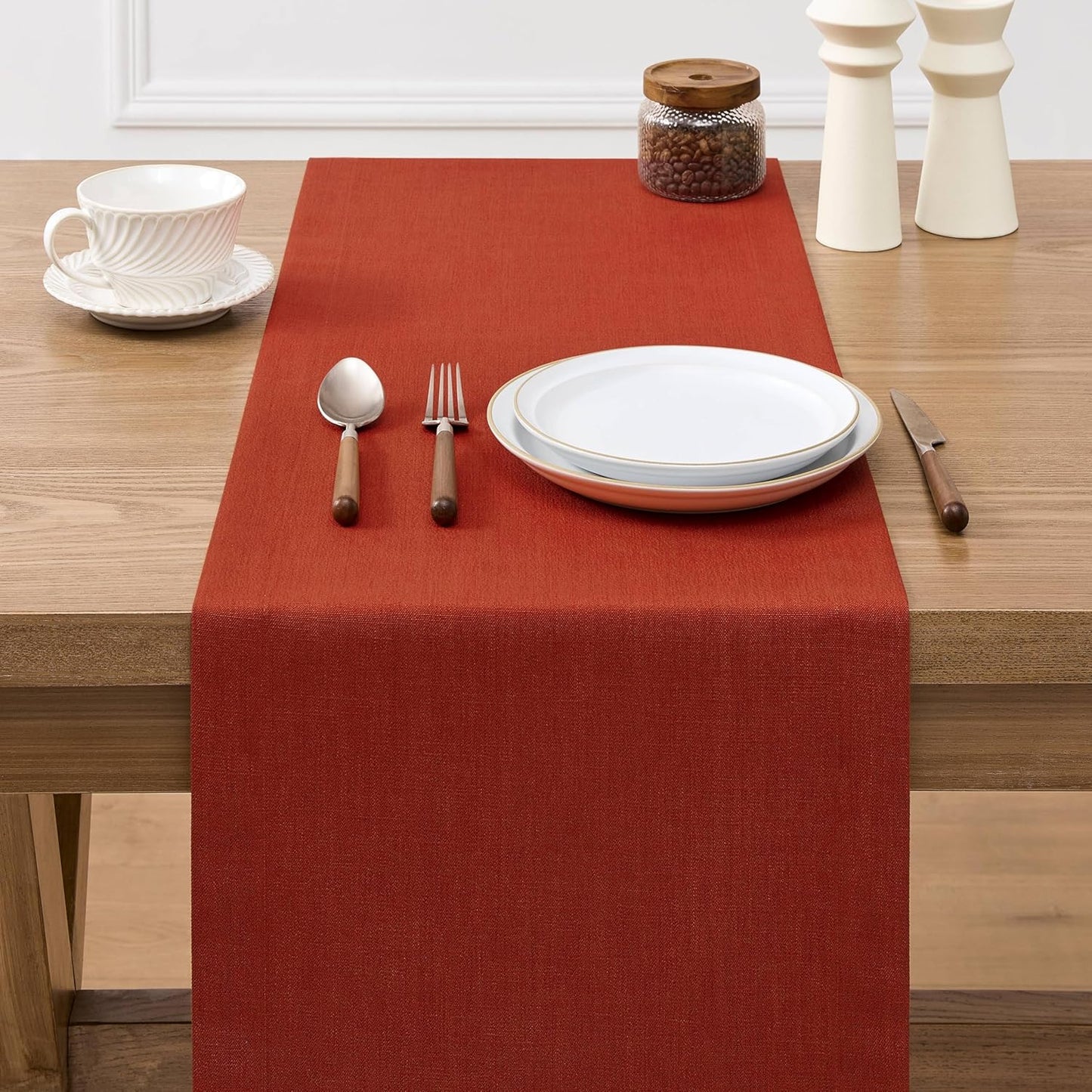 ZeeMart Linen Textured Border Table Runner, 14 x 90 Inch Orange, Farmhouse Style Burnt Orange Fall Table Runners 90 Inches Long, Easy Care Everyday Polyester Table Runner