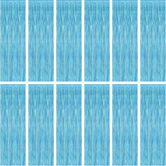 12 Pack Party Decorations, 3.28 FT x 7.05 FT Sky Blue Curtains, Metallic Party Streamers Photo Booth Backdrop Foil Fringe Curtains, Light Blue Winter Wonderland Backdrop Birthday Decor