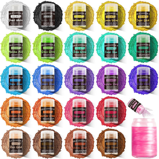Aheroi Edible Glitter, 24 Colors Luster Dust Edible, Cocktail Glitter Luster Dust Sprinkles Drink Glitter Set, Shimmering Glitter Powder Glitter for Fondant Cake Chocolate Cocktail Candy（4g/0.14oz）
