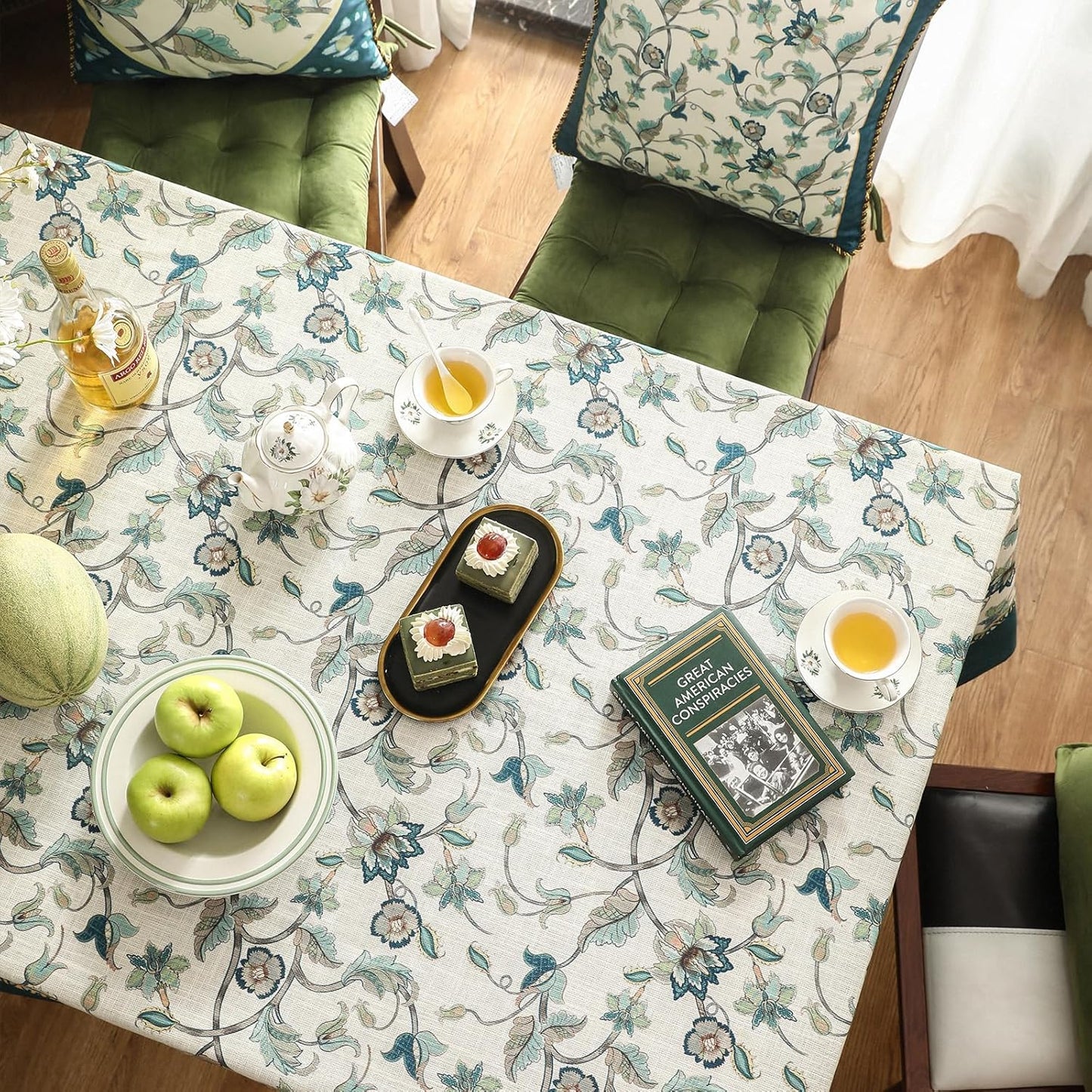 patdrea Designer Green Linen Extra Long Rectangle Tablecloth,Vintage Floral Pattern Breathable Table Cloth,Cover Decor for Kitchen Dining,Christmas,Thanksgiving,Holiday,Tea Party,63"x110"-Noah