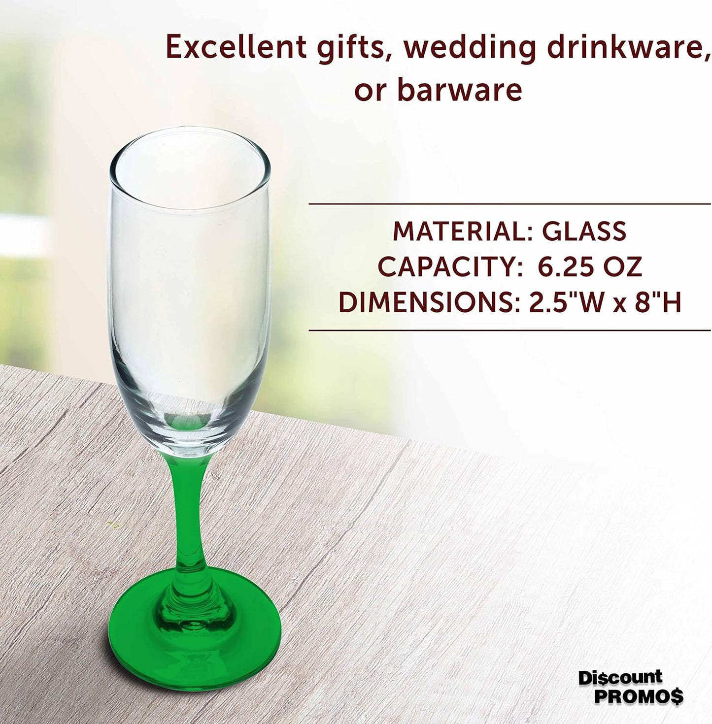 DISCOUNT PROMOS Premiere Champagne Flutes 6.25 oz. Set of 10, Bulk Pack - Elegant Drinkware for Weddings, Events, & Promotional Gifts - Green