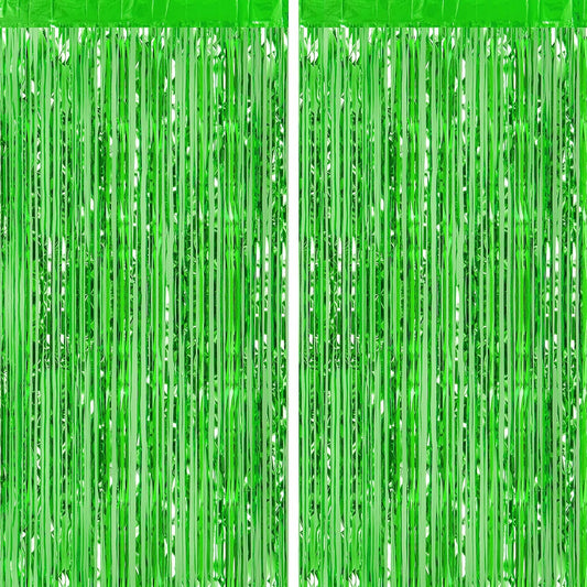 CHRORINE 2pcs 3ft x 8.3ft Green Tinsel Foil Fringe Curtains Streamers Backdrop for Green Birthday Jungle Safari Tropical Party Christmas Decorations
