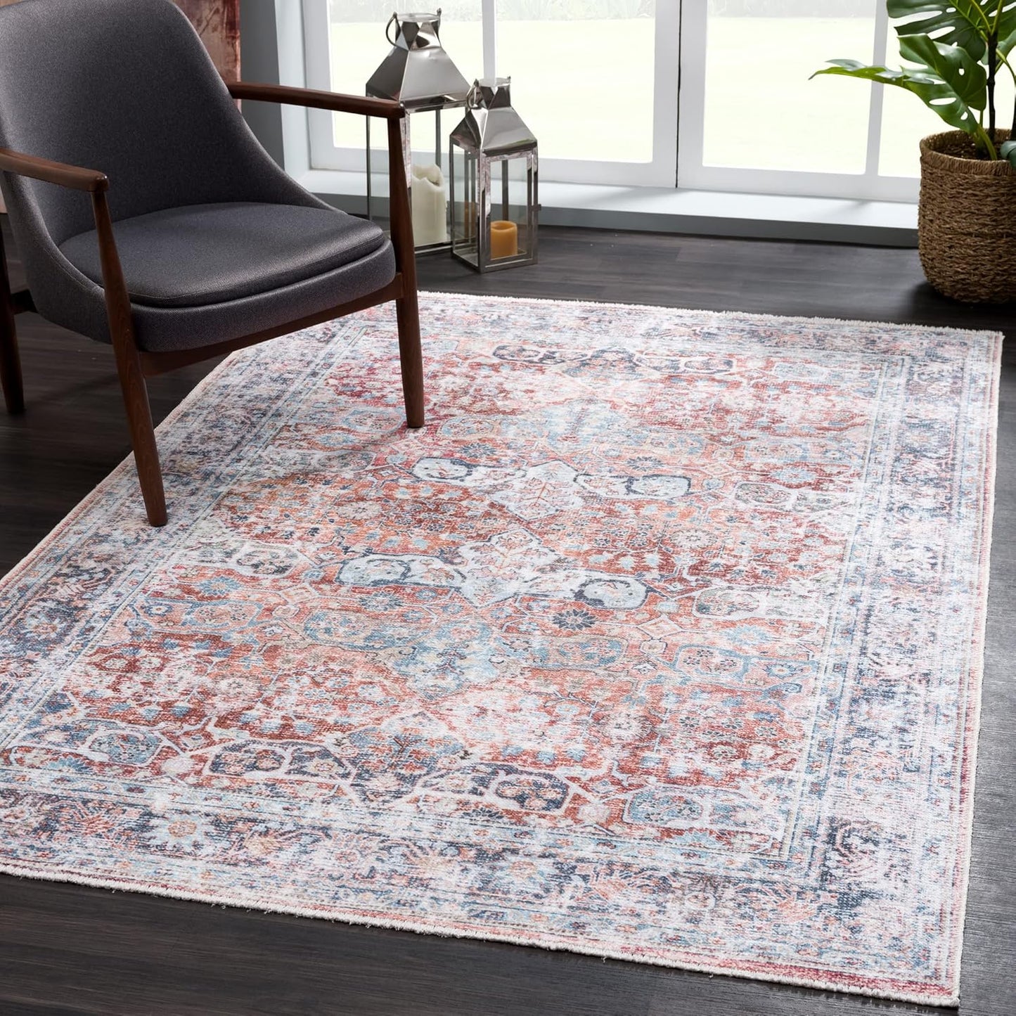 Bloom Rugs Caria Washable Non-Slip 3x5 Rug - Brick/Dark Blue Traditional Area Rug for Living Room, Bedroom, Dining Room, and Kitchen - Exact Size: 3' x 5'
