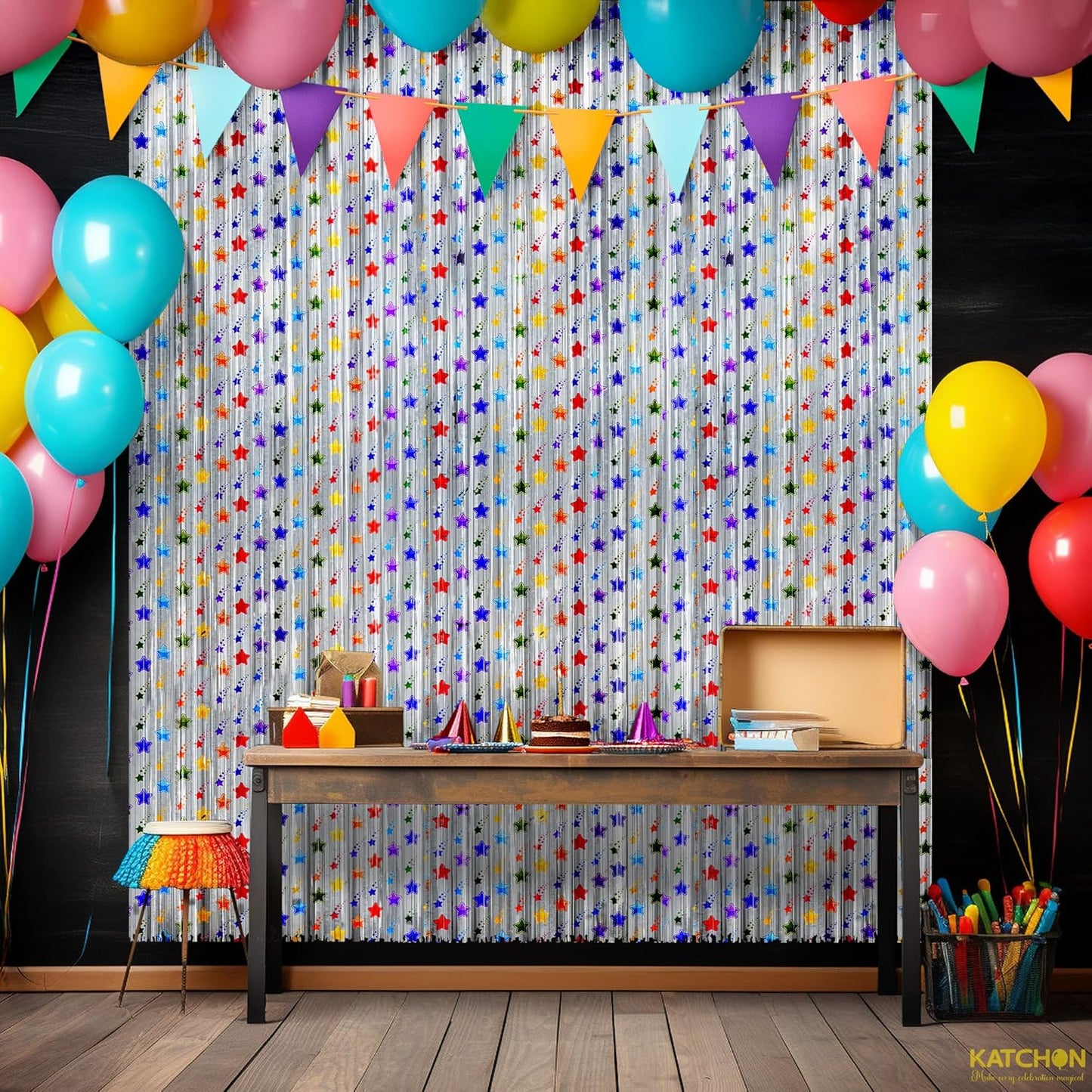 KatchOn, Star Silver Foil Fringe Curtains – Pack of 2 | Silver Fringe Backdrop for Birthday, Labor Day Decorations, Patriotic Decorations | Star Streamers for Unicorn, Rainbow, Space Party Decoration