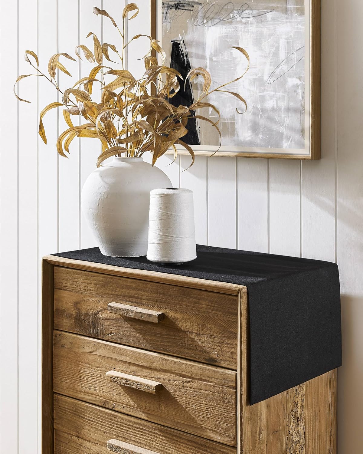 ZeeMart Linen Textured Border Table Runner, 14 x 60 Inch Black, Farmhouse Style Black Table Runners 60 Inches Long, Easy Care Everyday Polyester Table Runner