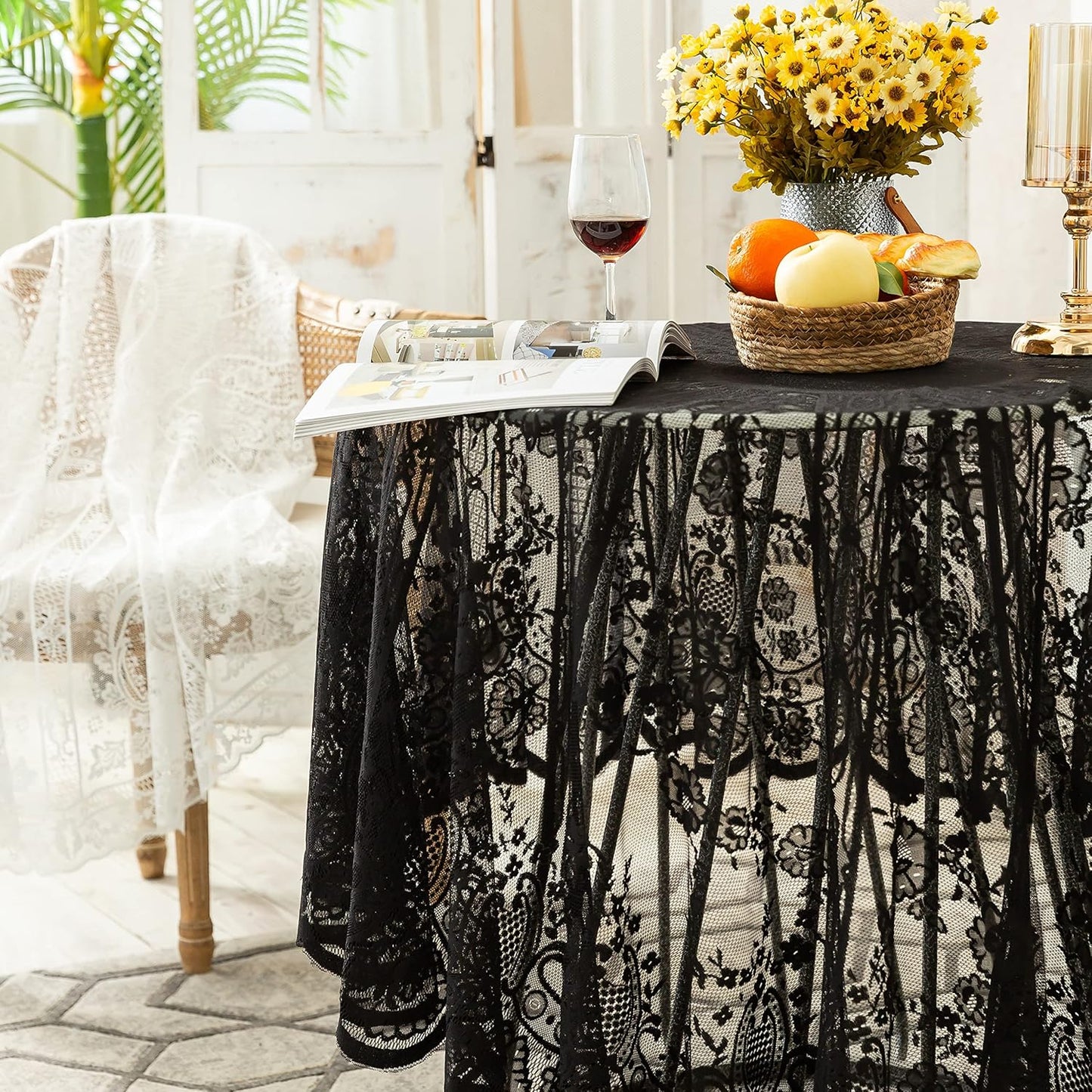 Gorgeous Round Lace Tablecloth,Vintage Floral Embroidered Table Cloths, Chic Round Table Cover for Wedding Banquet HolidayDinner Tables 60INCH (Black)