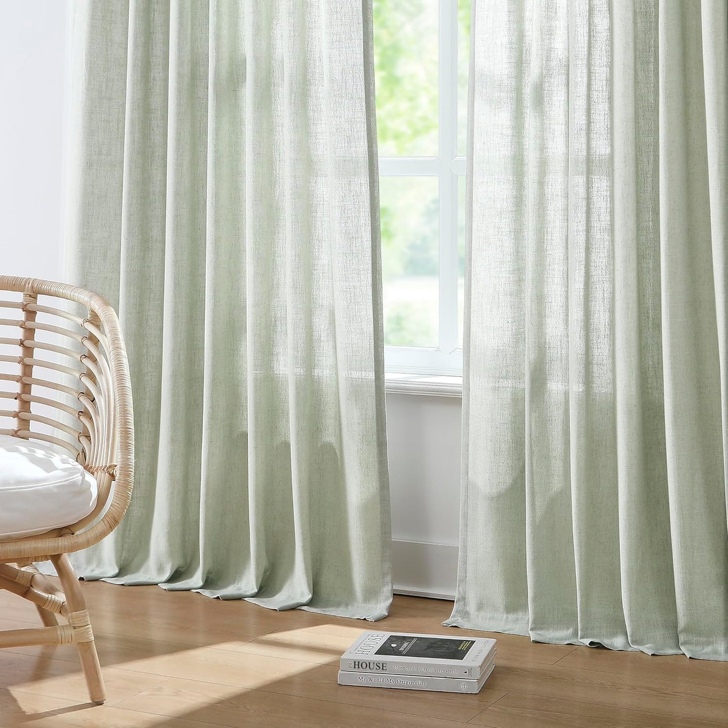Vision Home Pinch Pleated Semi Sheer Curtains Textured Linen Blended Light Filtering Window Curtains 84 inch for Living Room Bedroom Pinch Pleat Drapes with Hooks 2 Panels 40" Wx84 L,Soft Green