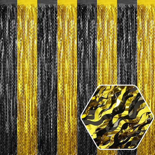 4 Pack Black Gold Wave Foil Fringe Curtain Backdrop, 3.28Ft x 8.2Ft Metallic Tinsel Foil Fringe Streamer Curtains for Photo Booth, Mother's Day, Easter, Birthday, Wedding Party Decoration