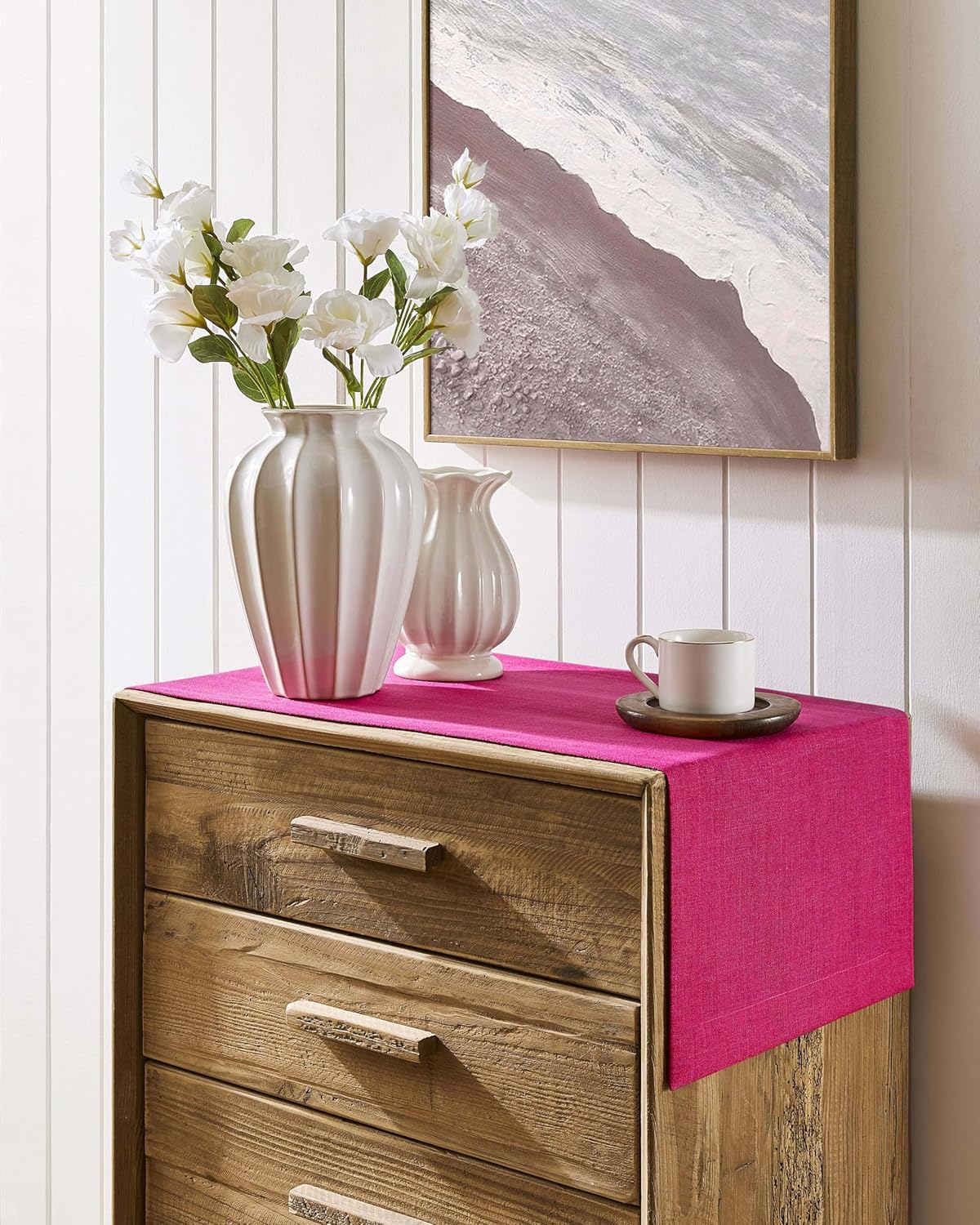 ZeeMart Linen Textured Border Table Runner, 14 x 108 Inch Hot Pink, Farmhouse Style Pink Table Runners 108 Inches Long, Easy Care Everyday Polyester Table Runner