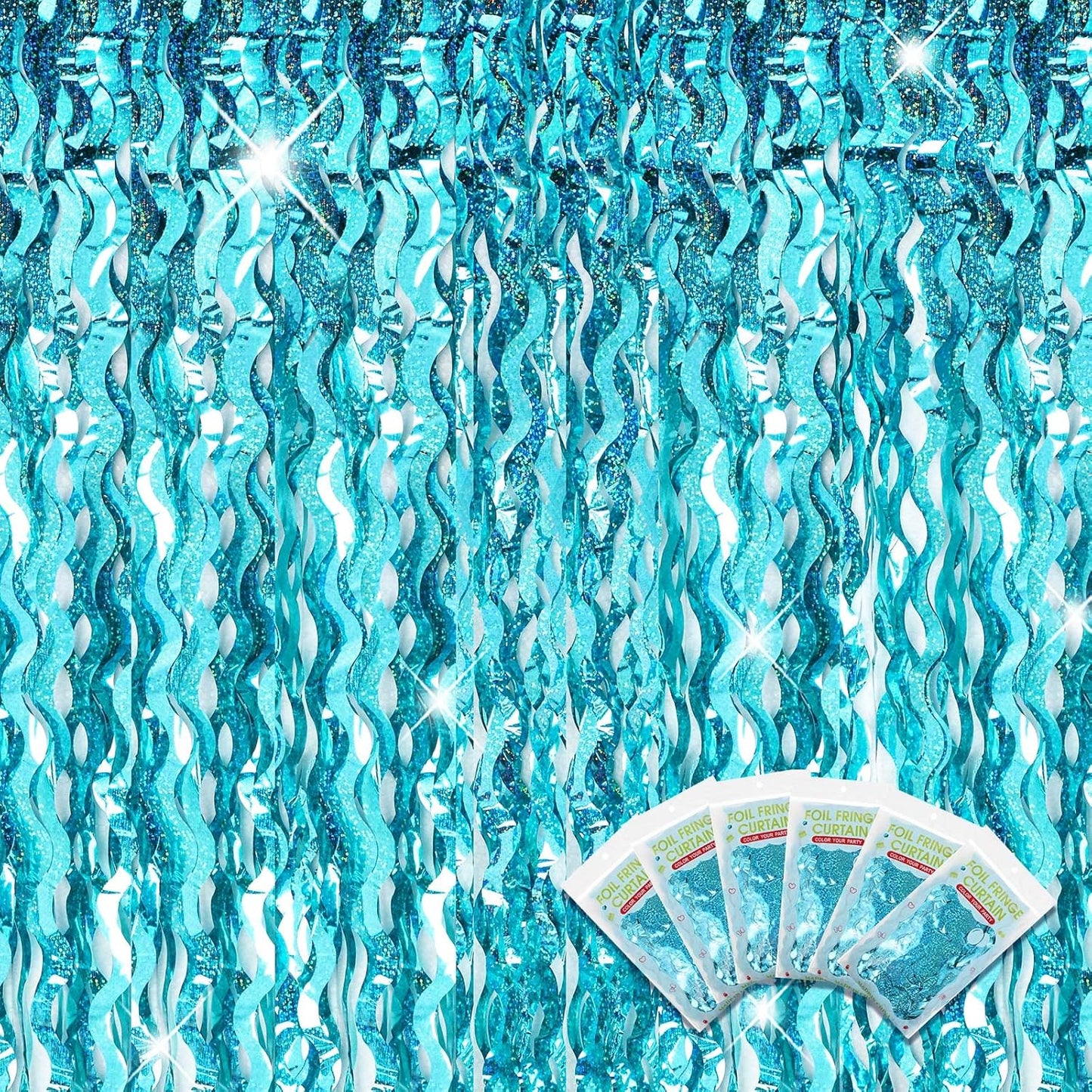 Jutom 6 Pieces 3.3 x 6.6 ft Wavy Tinsel Foil Fringe Curtains Foil Fringe Streamer Backdrop Party Curtain for Sea Mermaid Baby Shower Birthday Party Decoration(Blue Green)