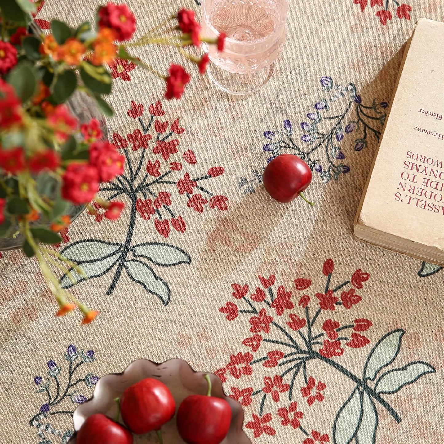 patdrea Designer Linen French Round Table Cloth,Vintage Red Floral Durable Breathable Colorful Dacorative Tablecloth for Kitchen Dining,Christmas,Thanksgiving,Holiday,Diameter 67"-Newmari