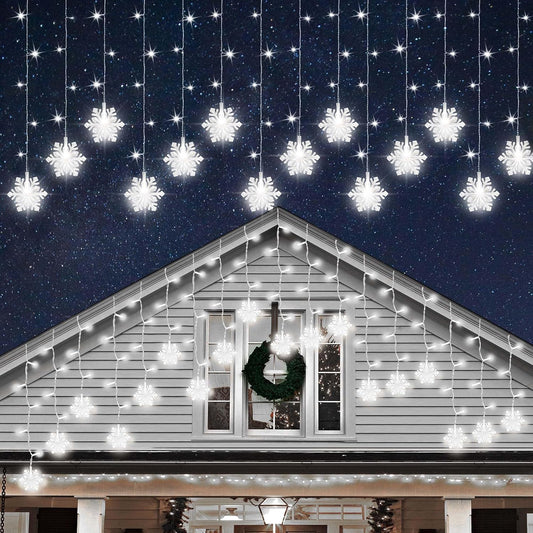 Christmas White Icicle Lights with Snowflake, 150 LED Curtain Lights with 8 Lighting Modes, Plug in Twinkle Lights for Home Christmas Wedding Party Decoration