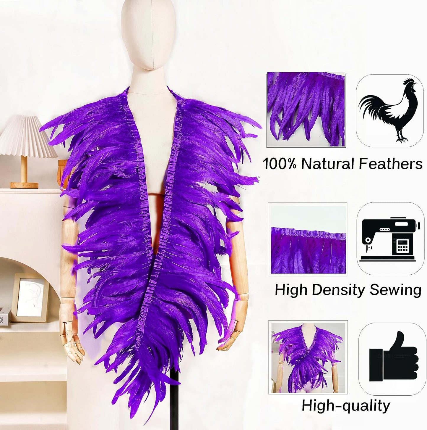 Holmgren Purple Rooster Feather Trim - 10-12inch 2 Yards Large Rooster Tail Feathers Fringe Trim for DIY Sewing Crafts, Feather Cape Shawl, Mardi Gras Party Costume Decoration (Purple)