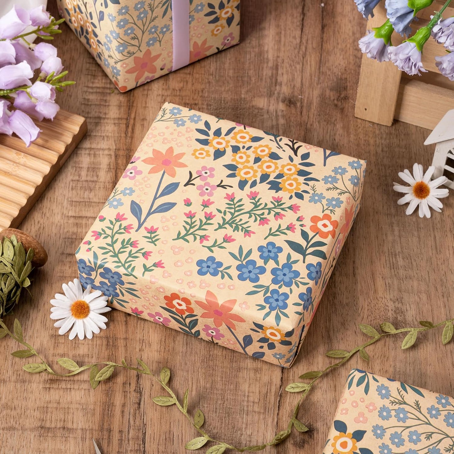 RUSPEPA Kraft Floral Wrapping Paper Roll for Girls Women, Mini Roll, Garden Flower Design, Wildflower Kraft Gift Wrap for Birthday, Spring, Summer, Mother's Day, Bridal Shower, 17 Inches x 9.8 Feet
