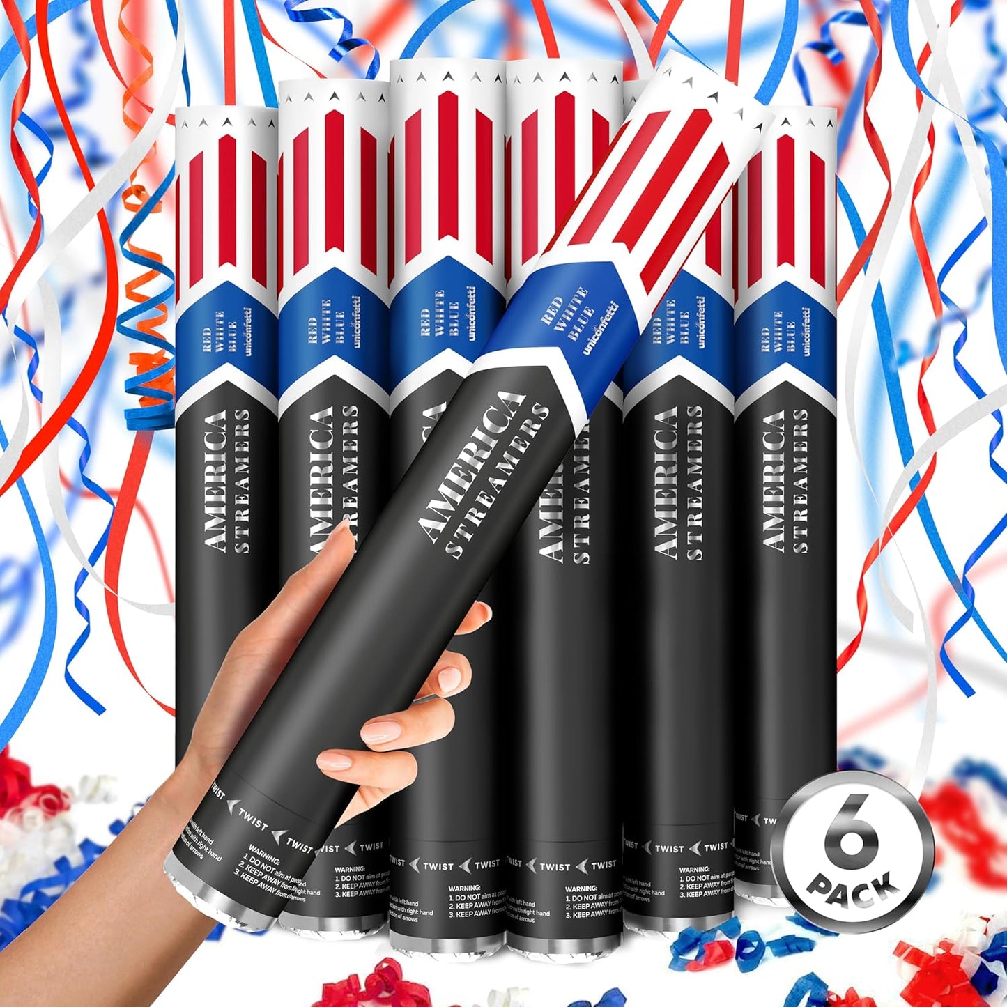 16" America Streamers Cannon [6 Pack] Red White & Blue Streamer Poppers No Mess, Biodegradable Streamer Paper, No Mess Confetti Poppers, Independence Day/July 4th, Conventions, Loud, Shoot Up to 40ft