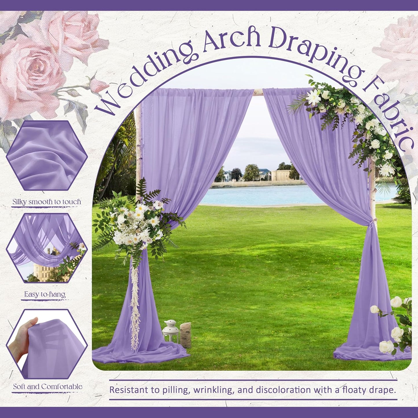 VACVELT Wedding Arch Draping Fabric, Lilac Chiffon, 2 Panels Sheer Drapes, 30 Inch x 20ft Chiffon Backdrop Curtain, Outdoor Sheer Drapery for Ceremony Party Ceiling