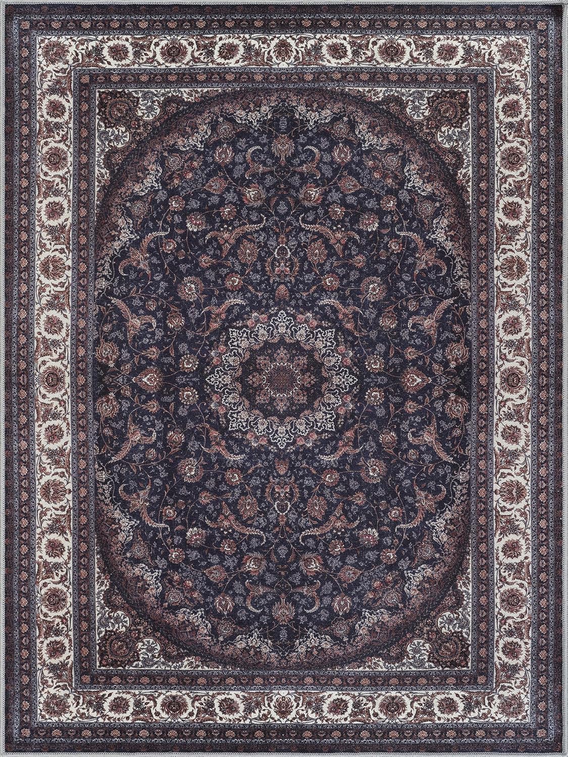 Bloom Rugs Washable Non-Slip 6' x 9' Rug - Navy Traditional Medallion Area Rug for Living Room, Bedroom, Dining Room, and Kitchen - Exact Size: 6' x 9'