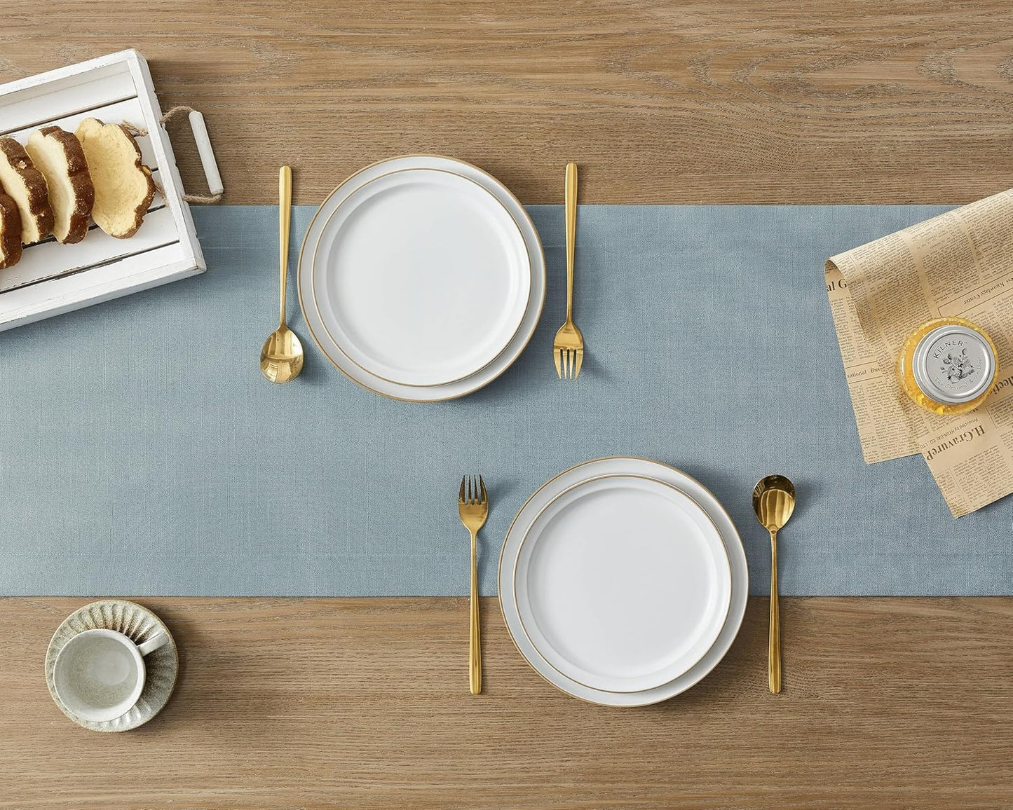 ZeeMart Linen Textured Border Table Runner, 14 x 90 Inch Blue, Farmhouse Style Dusty Blue Table Runners 90 Inches Long, Easy Care Everyday Polyester Table Runner