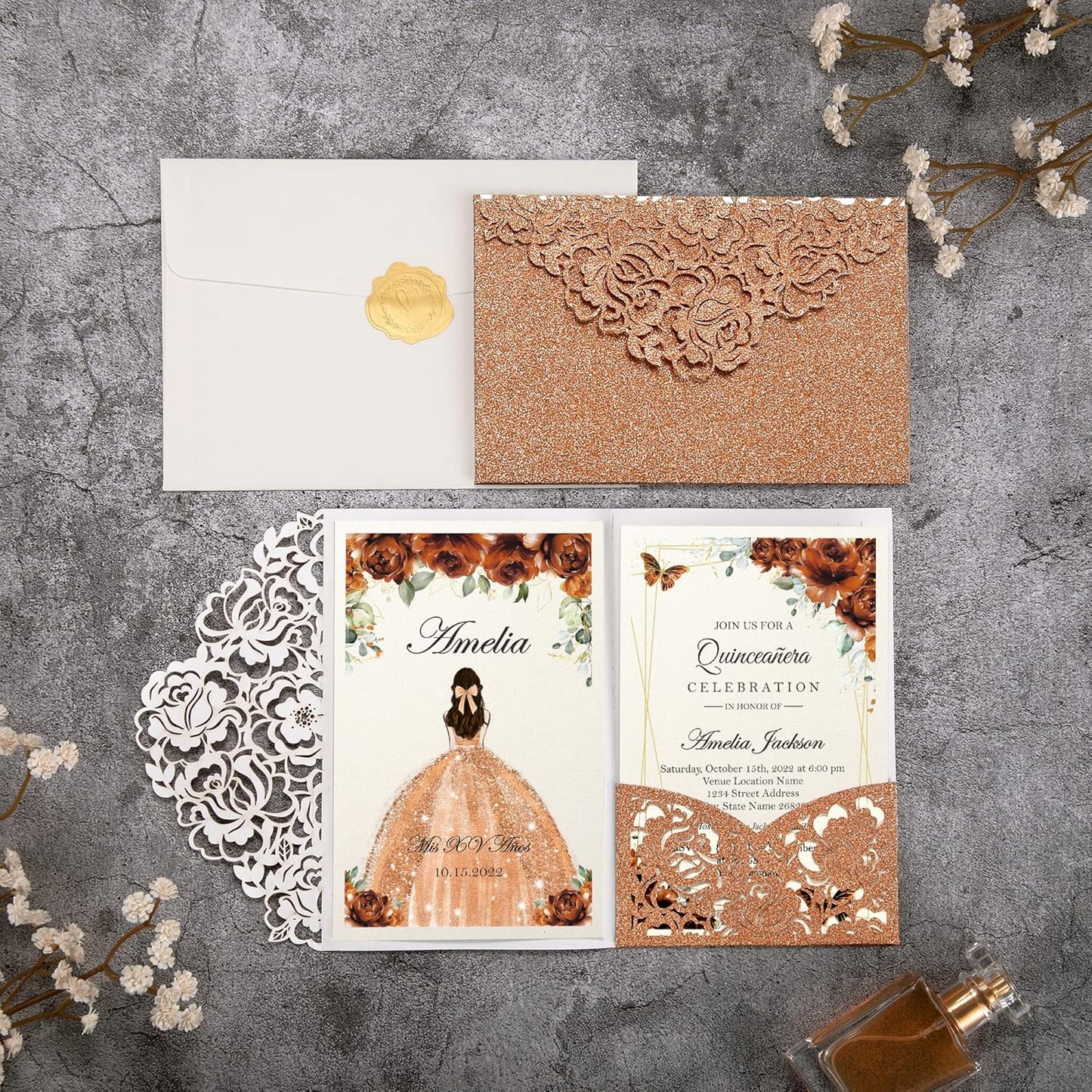 DORIS HOME 50pcs Laser Cut Quinceanera Invitations Terracotta Glitter, 4.7x7.1 Personalized Quince Invitations for 15th Birthday, Invitation cards for Sweet 16 with Envelopes