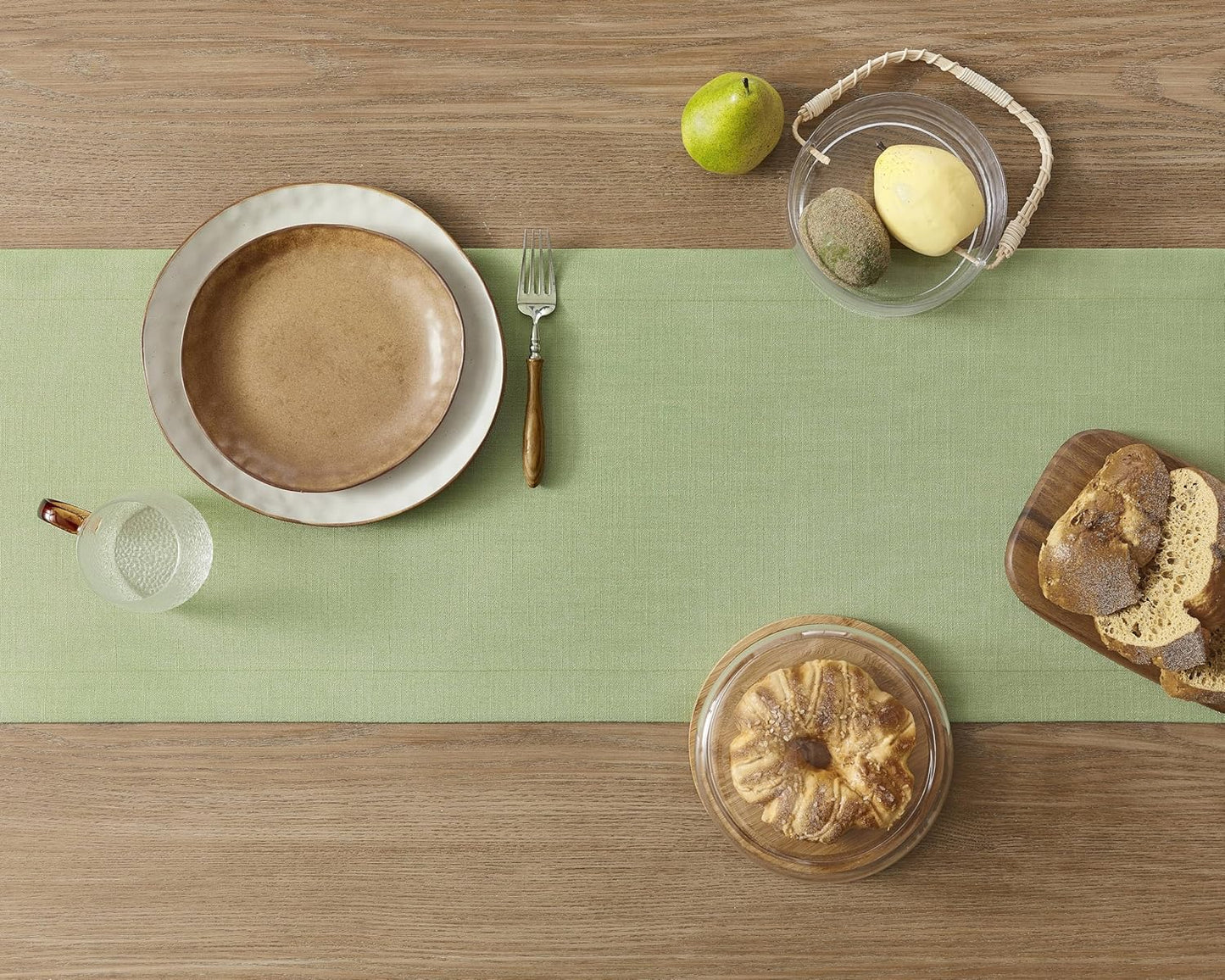 ZeeMart Linen Textured Border Table Runner, 14 x 108 Inch Green, Farmhouse Style Sage Green Table Runners 108 Inches Long, Easy Care Everyday Polyester Table Runner