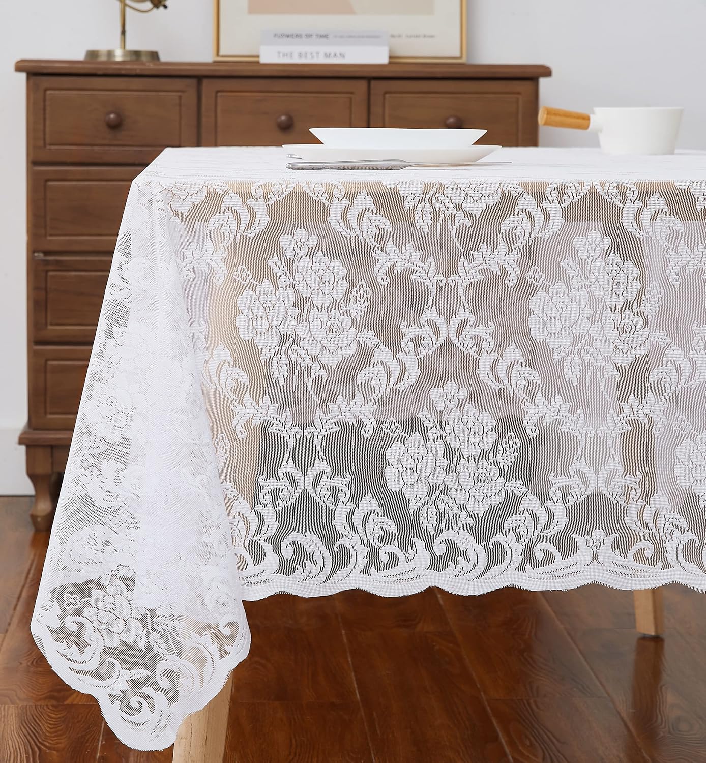 LinenZone White Rectangle Tablecloth for Rustic Vintage Decor. Sheer Lace Works Great As Wedding, Thanksgiving or Christmas Tablecloth (Mia TC 60 x 84, White)