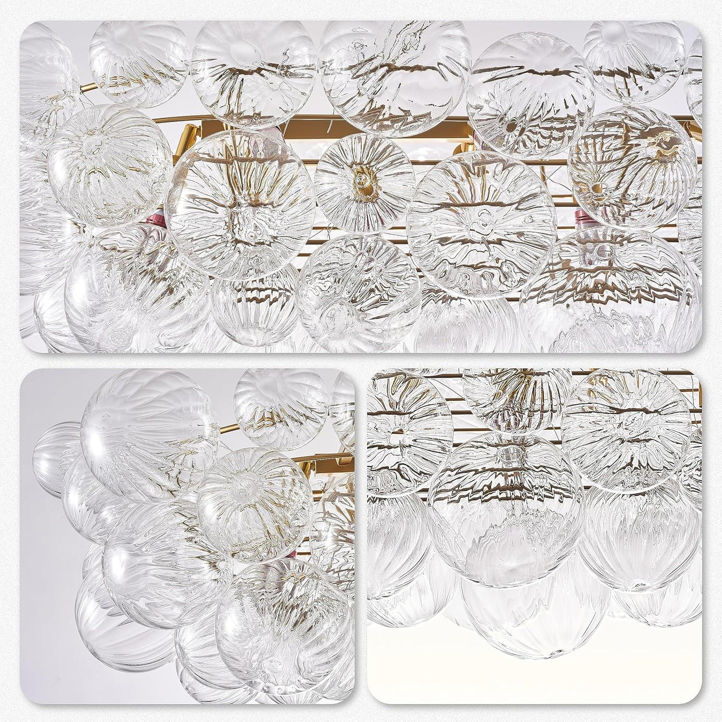 Nordic Bubble Ball Swirled Glass Chandelier, 36" Long Rectangular Chandeliers Island Light Fixture Gold and Clear Blown Glass Large Pendant Light Fixture for Bedroom Study Restaurant Dining Table
