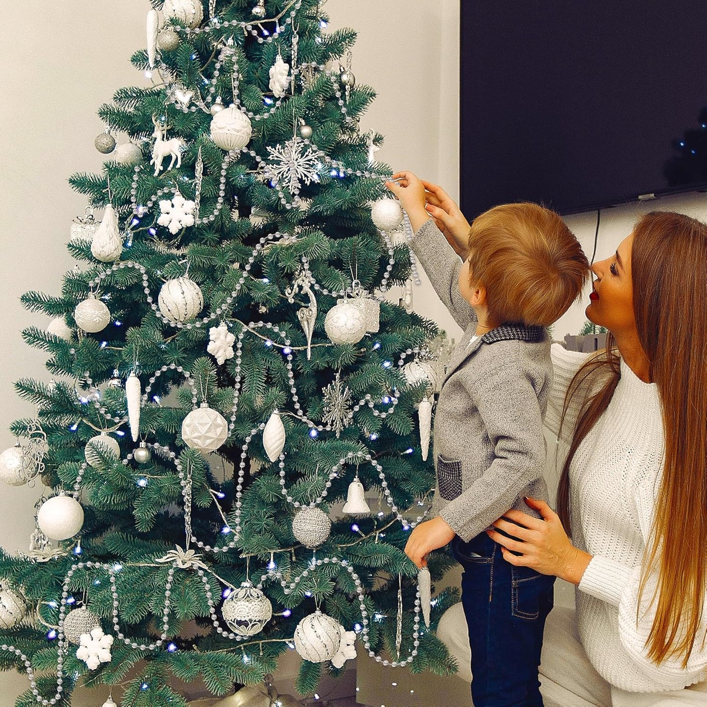 100 Feet Silver Christmas Tree Decor, Christmas Tree Garland Beads, Xmas Beads Chain Decorations Artificial Pearl Garland for DIY Xmas Fireplace Home Party Decor