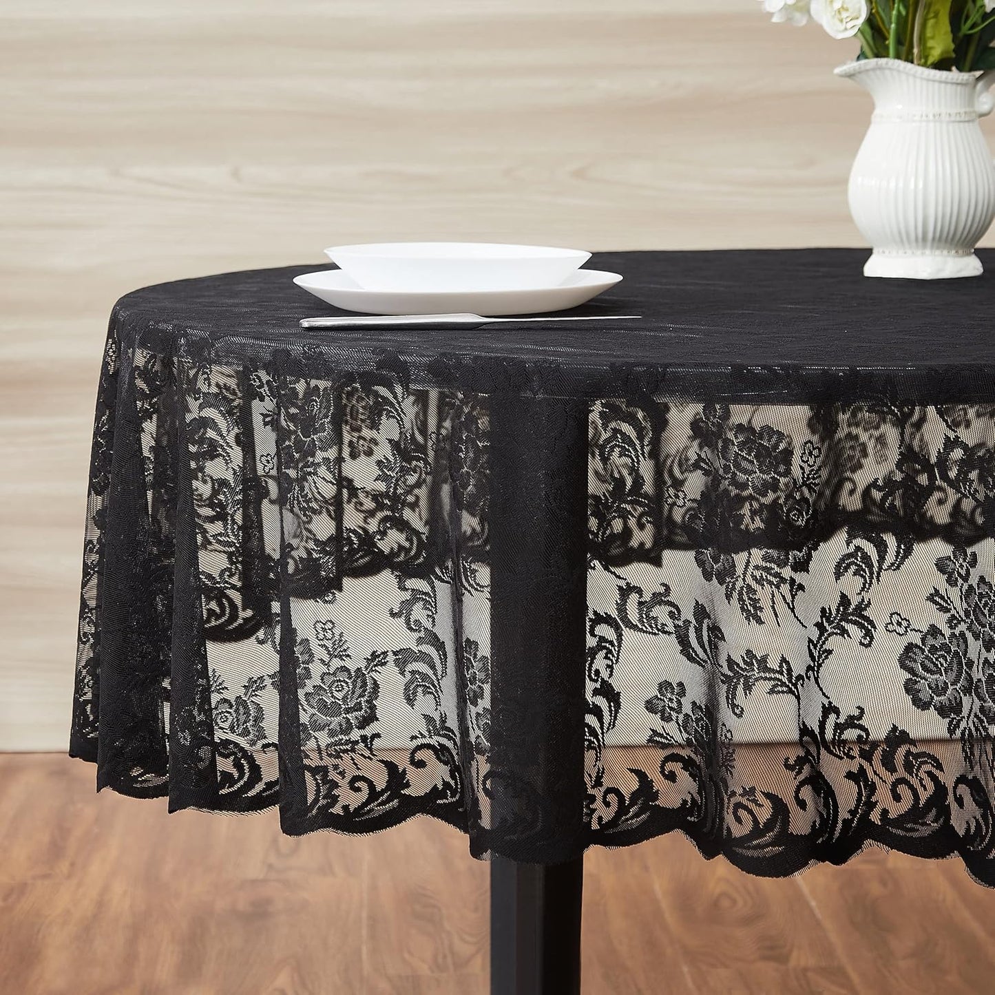 LinenZone Extra Large Black Round Tablecloth for Rustic Vintage Decor. Sheer Lace Table Cloth Works Great As Wedding Tablecloth or Thanksgiving Table Cover. (Mia 132 Round, Black)