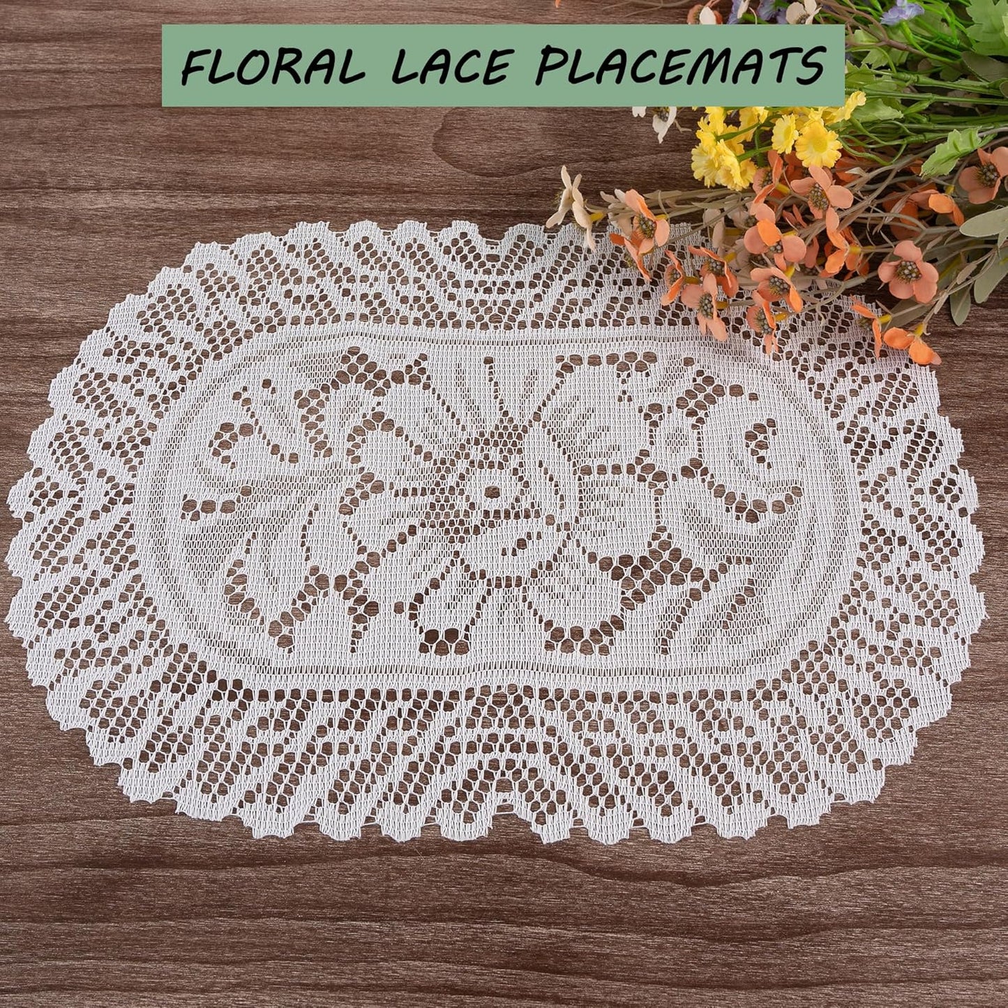 2PCS Oval Lace Placemats for Dining Table, White Lace Placemats Doilies, Embroidered Table Mats Farmhouse Cup Mat Vase Mat, 12x17 Inch