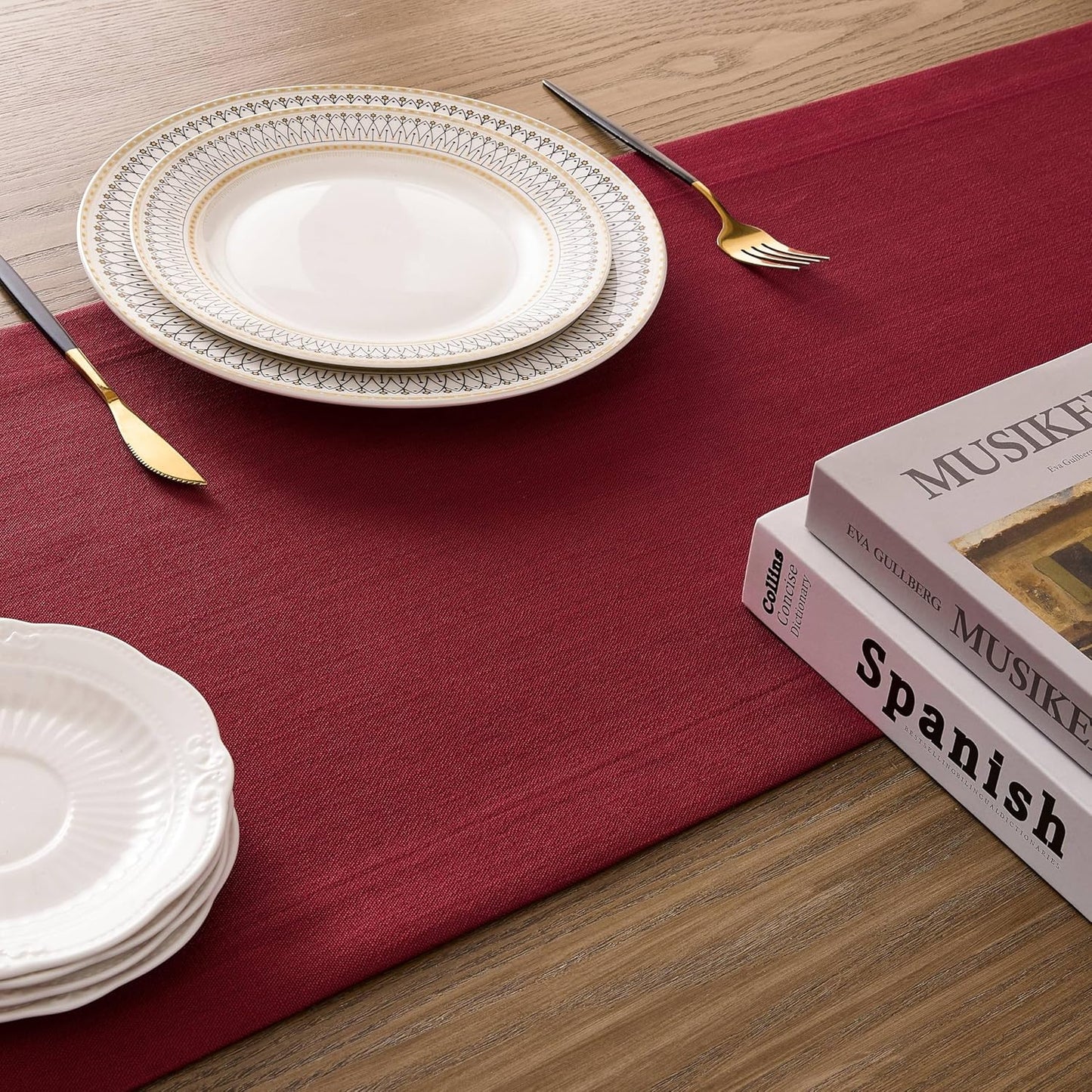 ZeeMart Linen Textured Border Table Runner, 14 x 108 Inch Red, Farmhouse Style Red Table Runners 108 Inches Long, Easy Care Everyday Polyester Table Runner