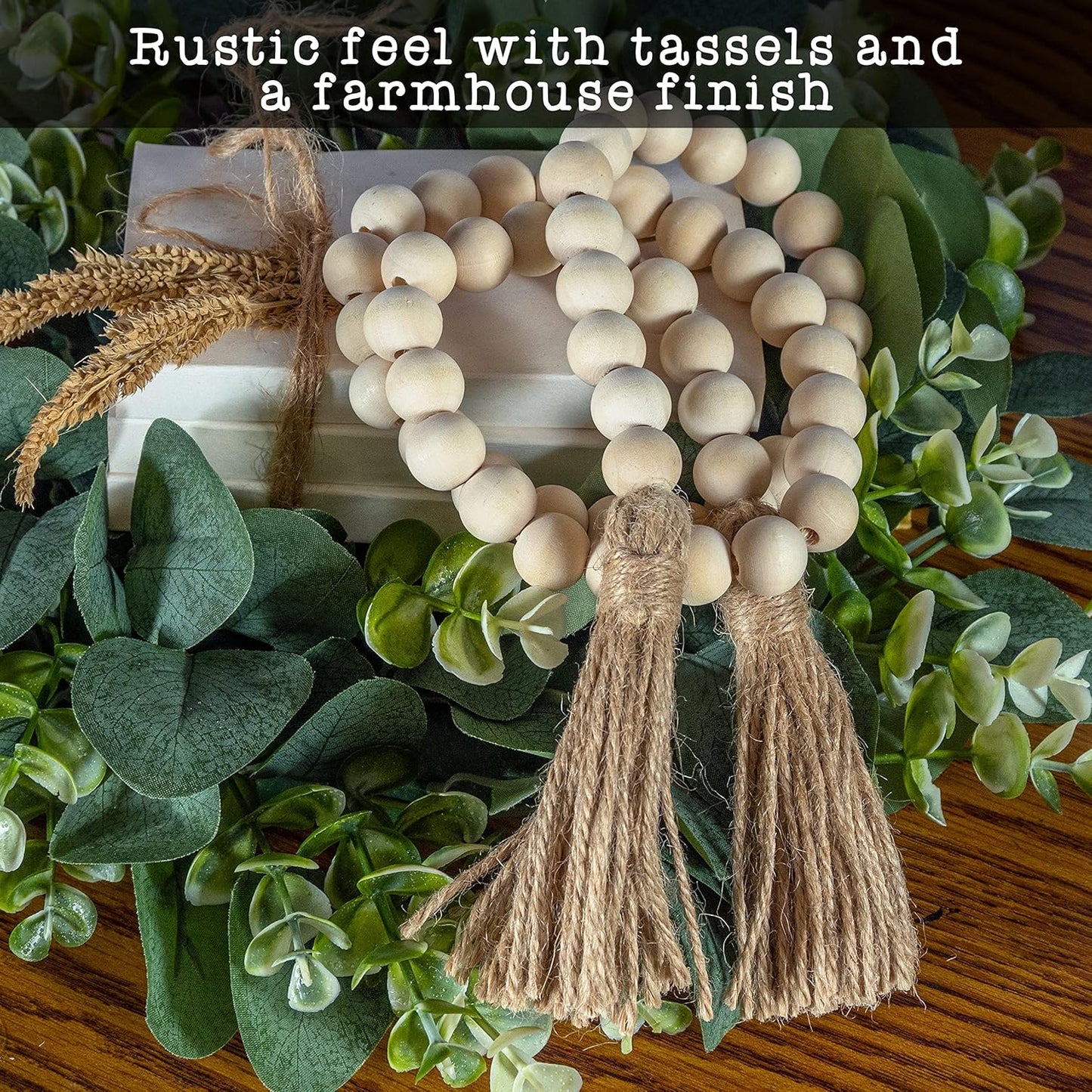 Decorative Wood Bead Garland Home Decor, Farmhouse Garland Beads with Tassel, Wooden Tier Tray Rustic Prayer Boho, Wooden Farmhouse Decor Boho Tassel