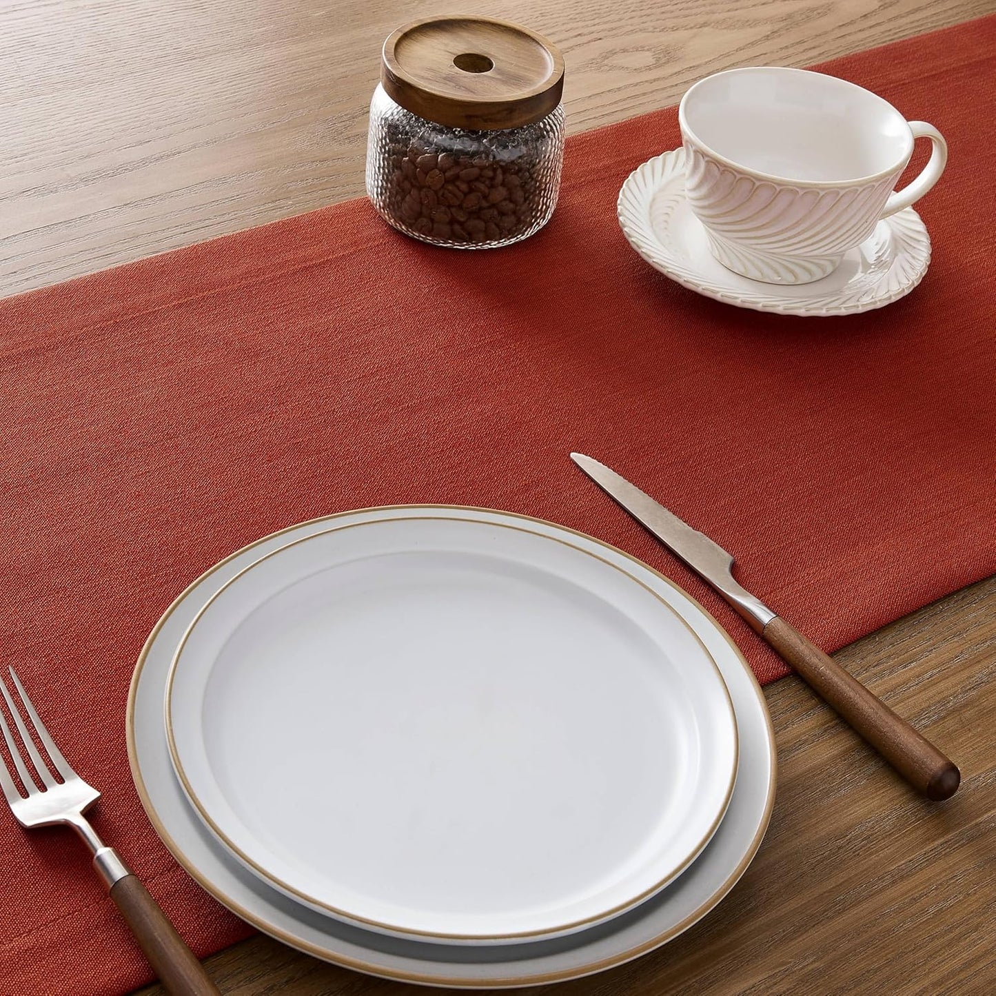 ZeeMart Linen Textured Border Table Runner, 14 x 36 Inch Orange, Farmhouse Style Burnt Orange Fall Table Runners 36 Inches Long, Easy Care Everyday Polyester Table Runner