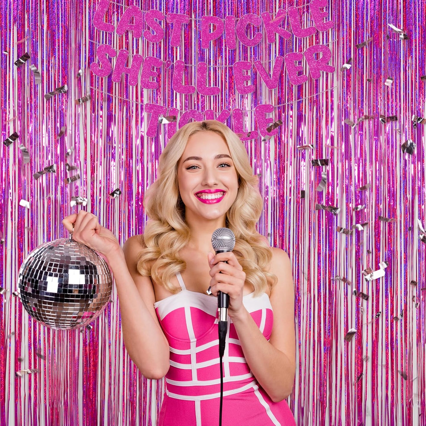 Melsan 2 Pack 3.2 ft x 8.2 ft Hot Pink Tinsel Foil Fringe Curtains Backdrop, Sparkle Foil Tinsel Curtains for Party Picture Area Decoration, Rose Red