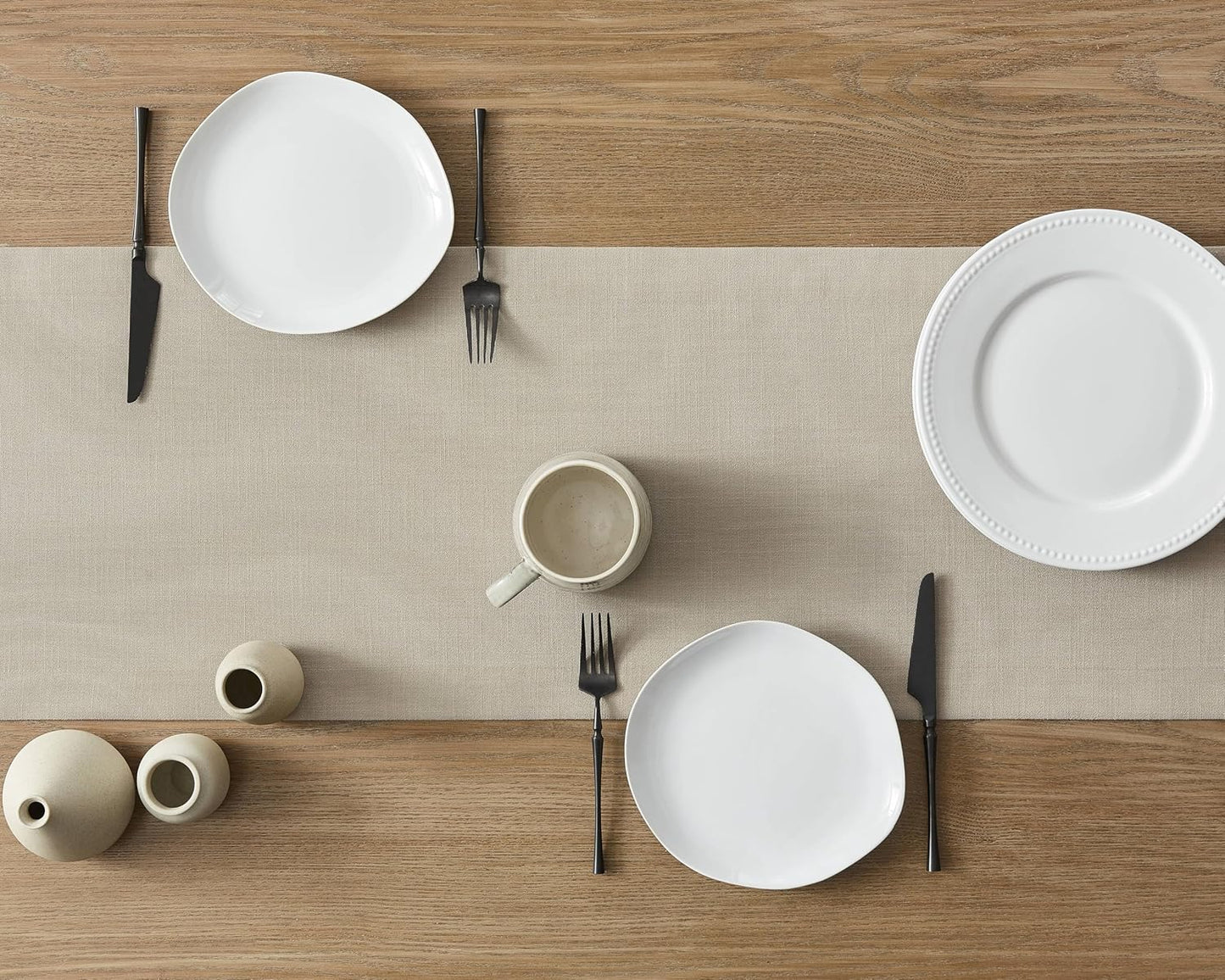 ZeeMart Linen Textured Border Table Runner, 14 x 36 Inch Natural, Farmhouse Style Neutral Table Runners 36 Inches Long, Easy Care Everyday Polyester Table Runner