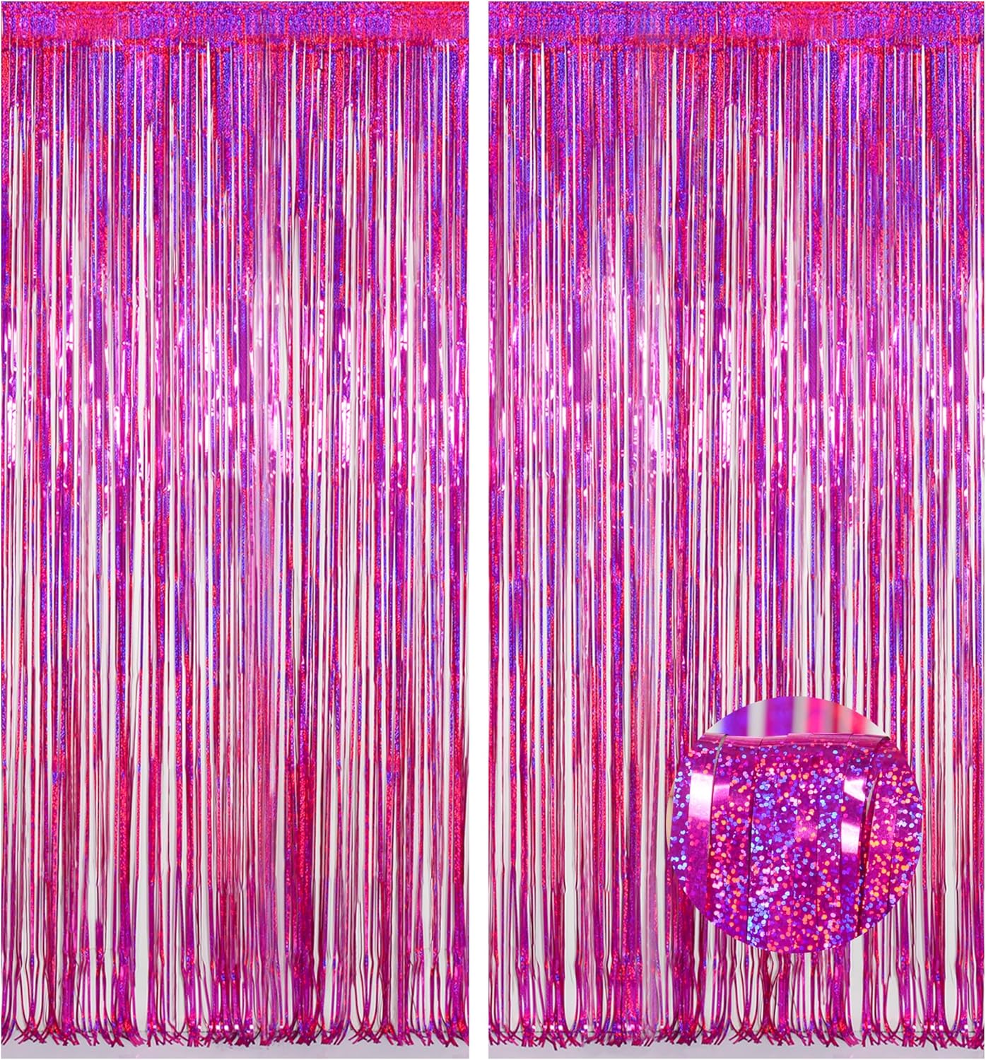 Melsan 2 Pack 3.2 ft x 8.2 ft Hot Pink Tinsel Foil Fringe Curtains Backdrop, Sparkle Foil Tinsel Curtains for Party Picture Area Decoration, Rose Red