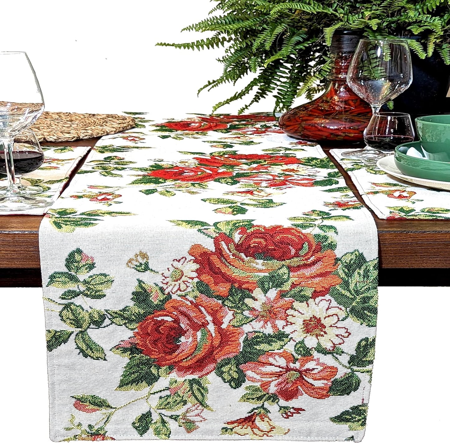 Tache Sweet Roses Spring Summer Traditional Country Vintage White Red Floral Decorative Woven Tapestry Dresser Kitchen Coffee Table Runners, 13x54