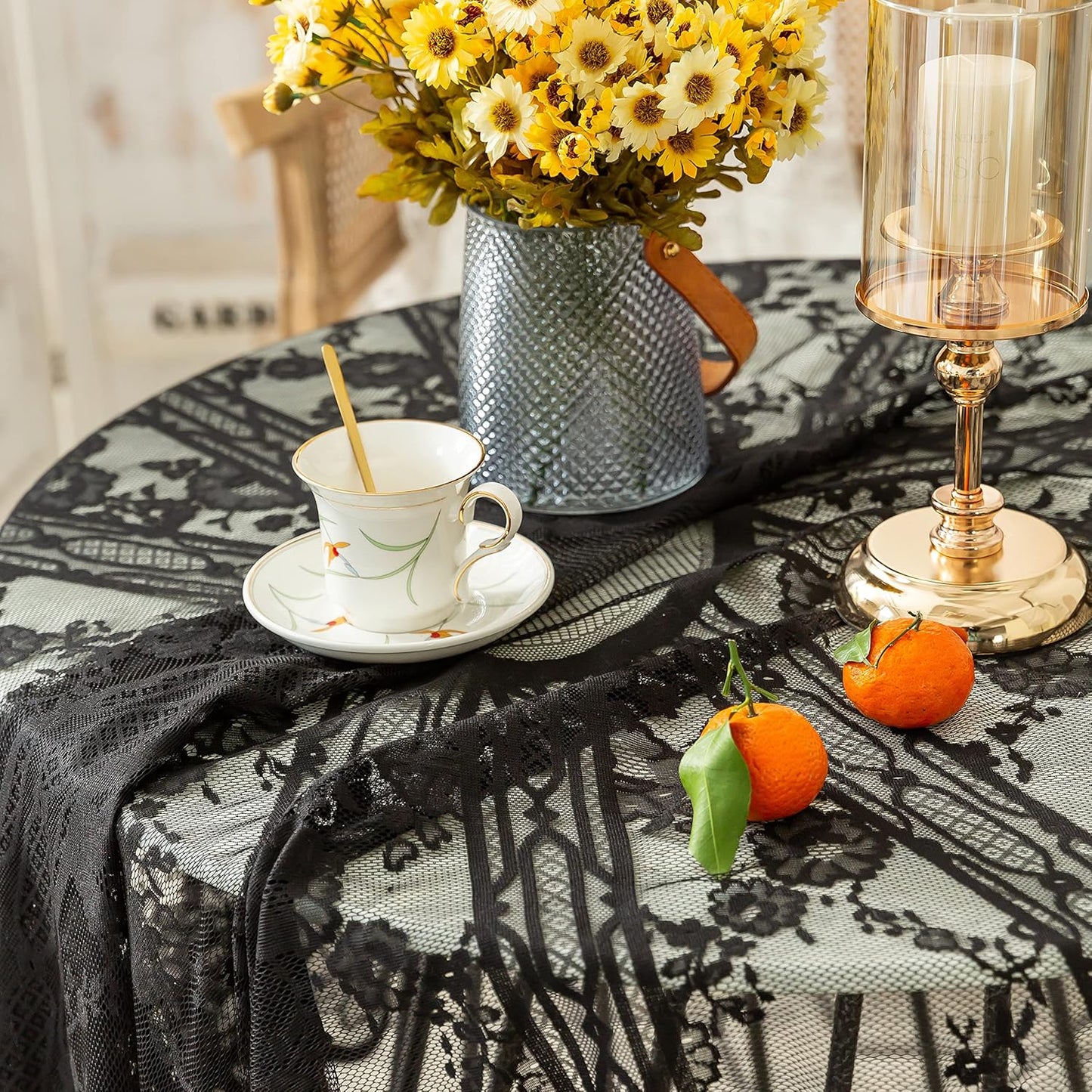 Gorgeous Round Lace Tablecloth,Vintage Floral Embroidered Table Cloths, Chic Round Table Cover for Wedding Banquet HolidayDinner Tables 60INCH (Black)