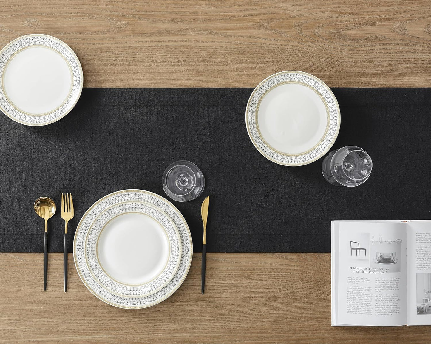 ZeeMart Linen Textured Border Table Runner, 14 x 90 Inch Black, Farmhouse Style Black Table Runners 90 Inches Long, Easy Care Everyday Polyester Table Runner