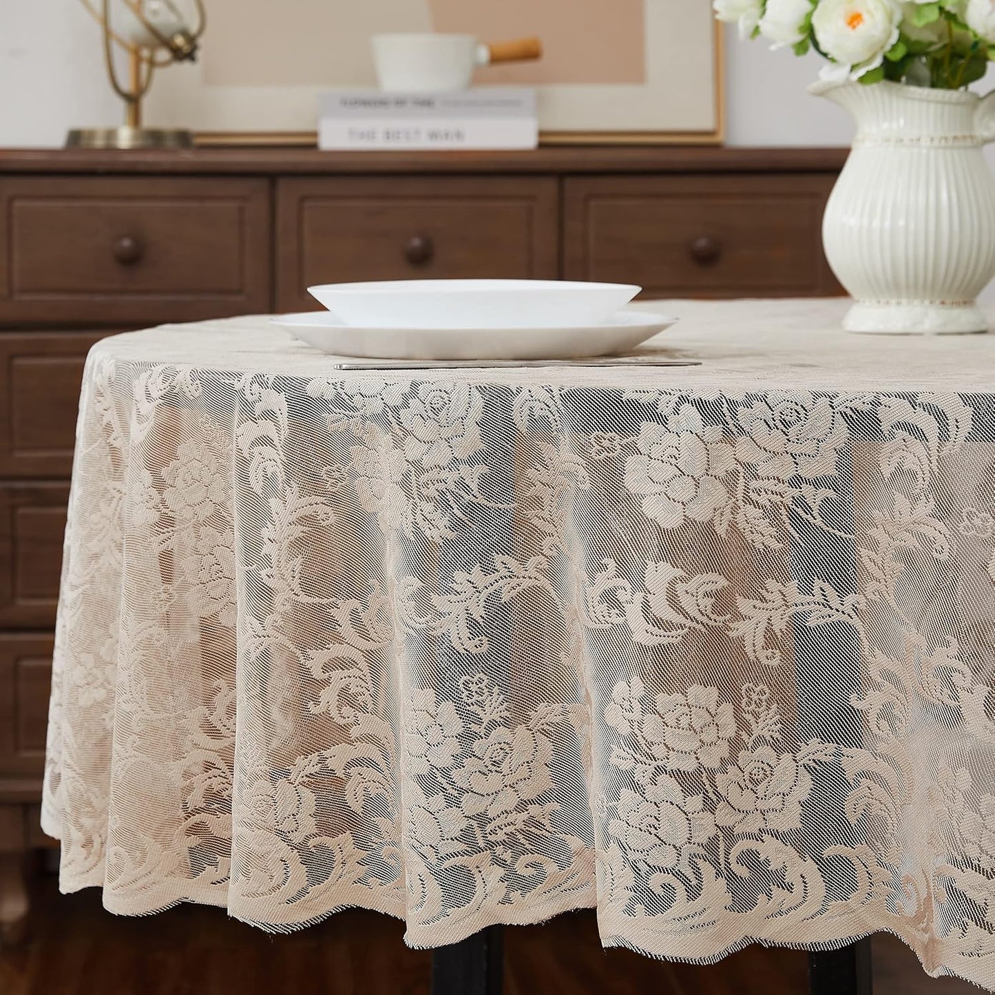 LinenZone Linen Round Tablecloth for Rustic Vintage Decor. Sheer Lace Table Cloth Works Great As Wedding Tablecloth or Thanksgiving Table Cover. (Mia 60 Round, Linen)