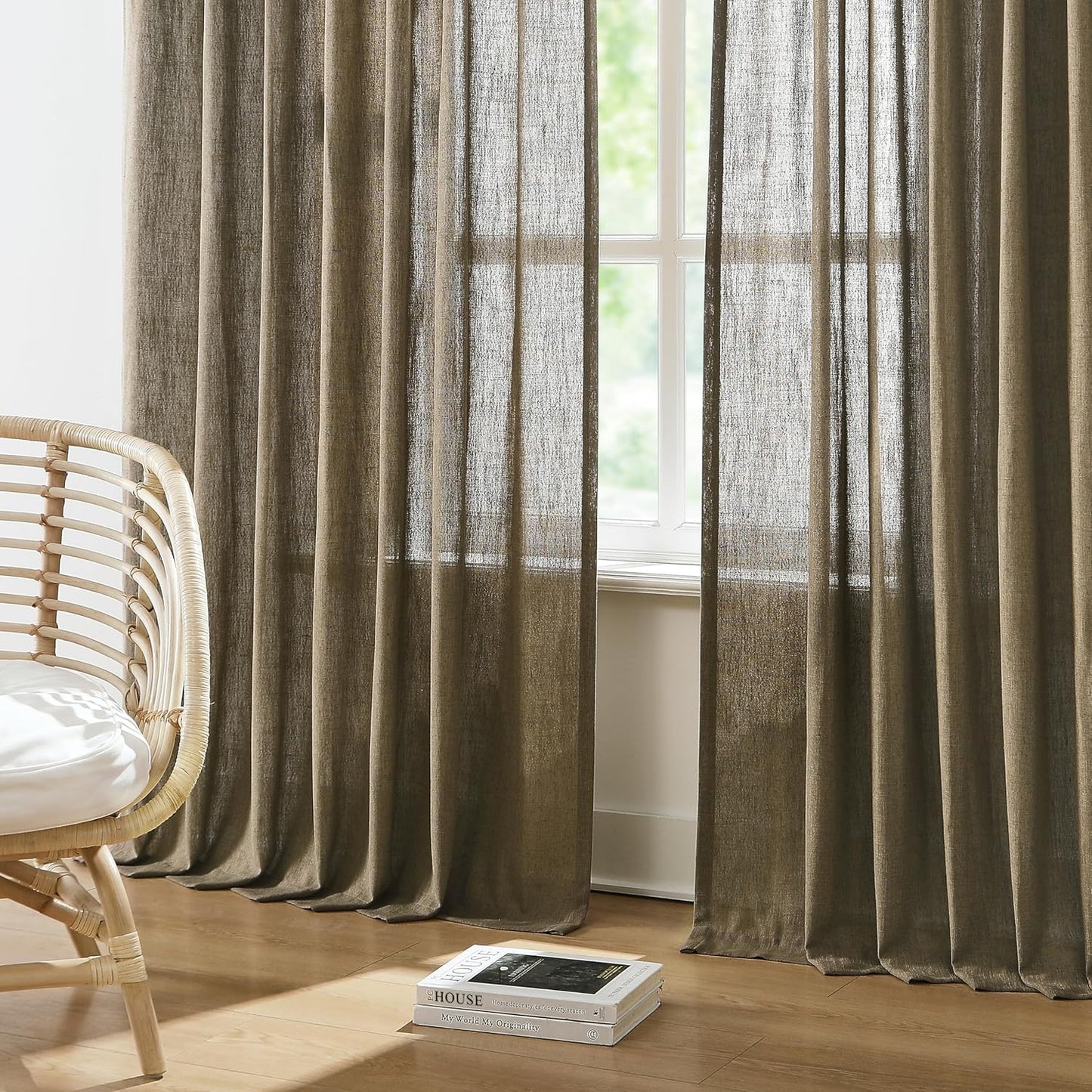Vision Home Brown Pinch Pleated Semi Sheer Curtains Textured Linen Blended Light Filtering Window Curtains 102 inch for Living Room Bedroom Pinch Pleat Drapes with Hooks 2 Panels 40" Wx102 L